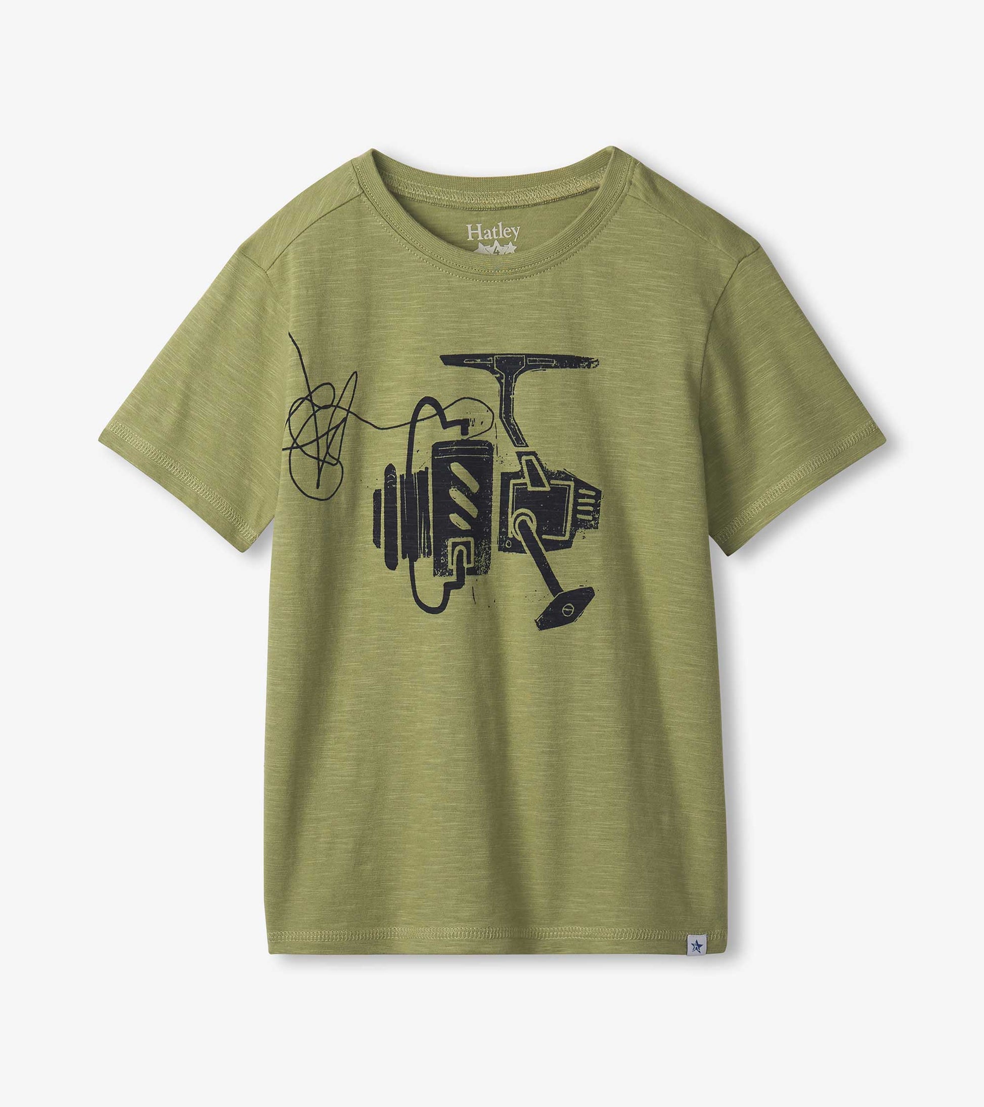 Olive green short-sleeve tee featuring a fishing reel graphic in black. Casual fit for boys.