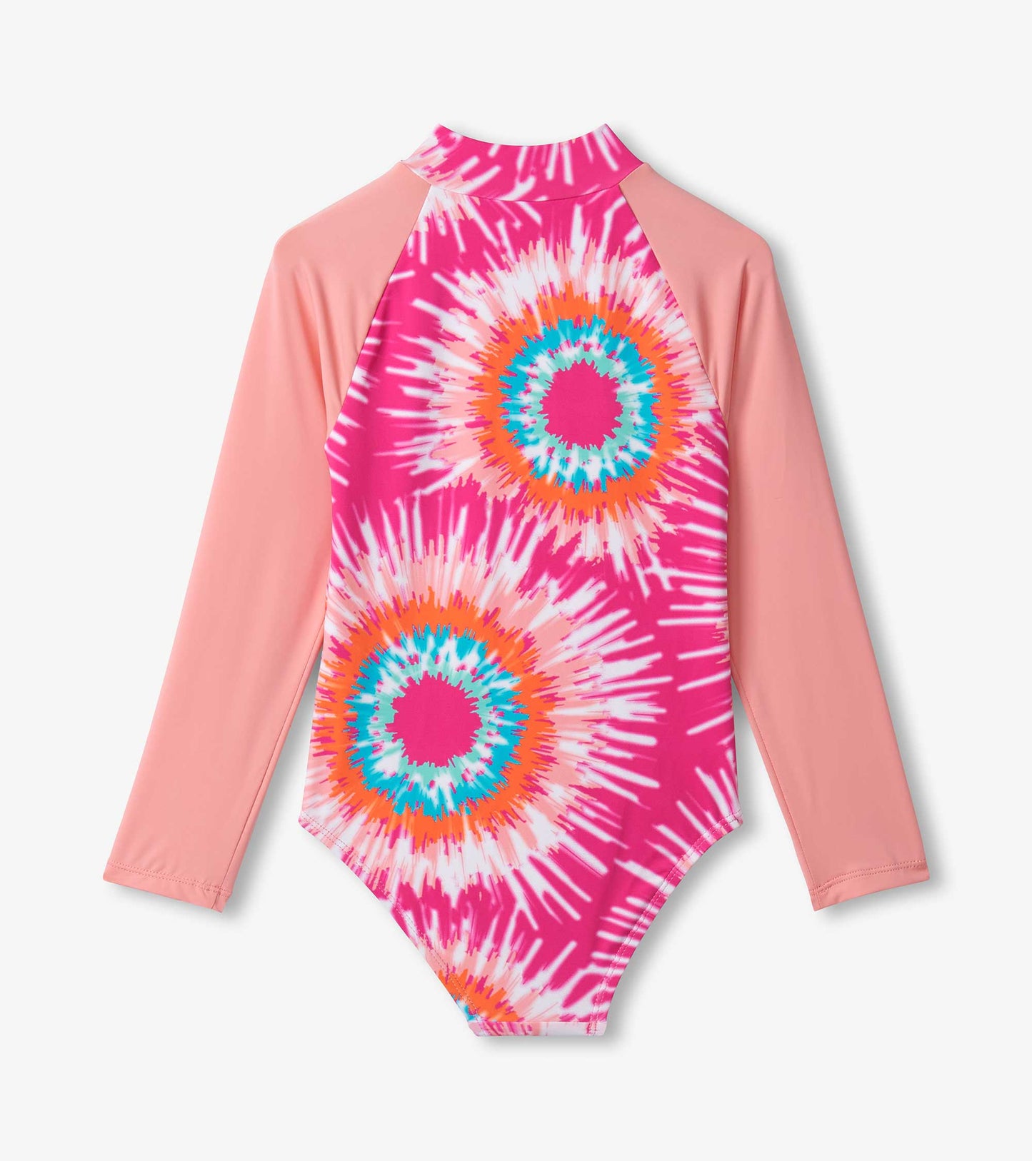 Long sleeve rashguard swimsuit featuring a vibrant pink and tie-dye sunburst pattern with colorful accents.