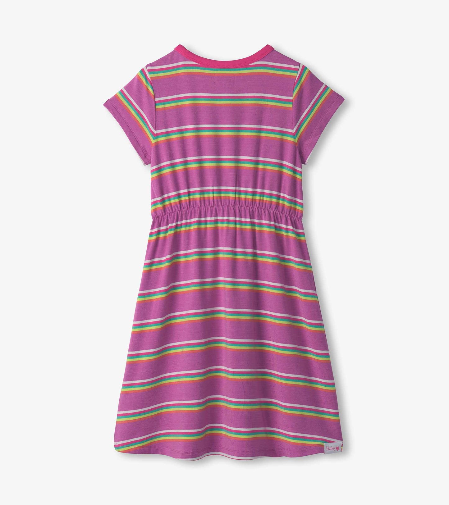 Purple high-low dress with colorful stripes, short sleeves, and an elastic waist for a comfortable fit.