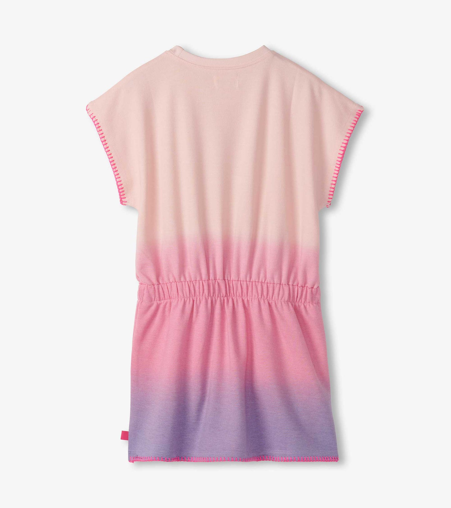 Pink ombre pull-on dress with short sleeves and elastic waist, featuring a soft, lightweight fabric.