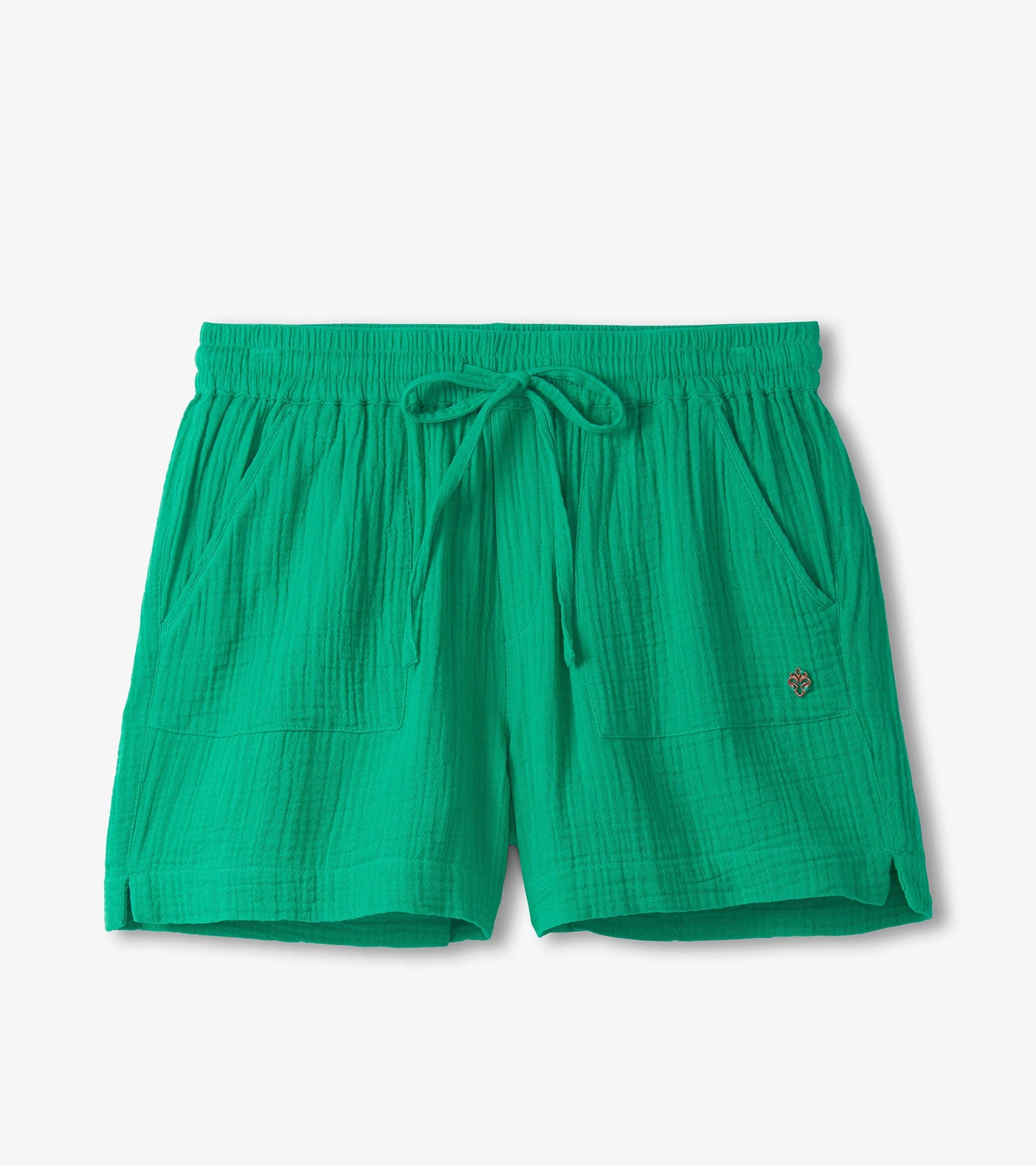 Sea green, lightweight shorts with an elastic waistband, drawstring, and two front pockets.