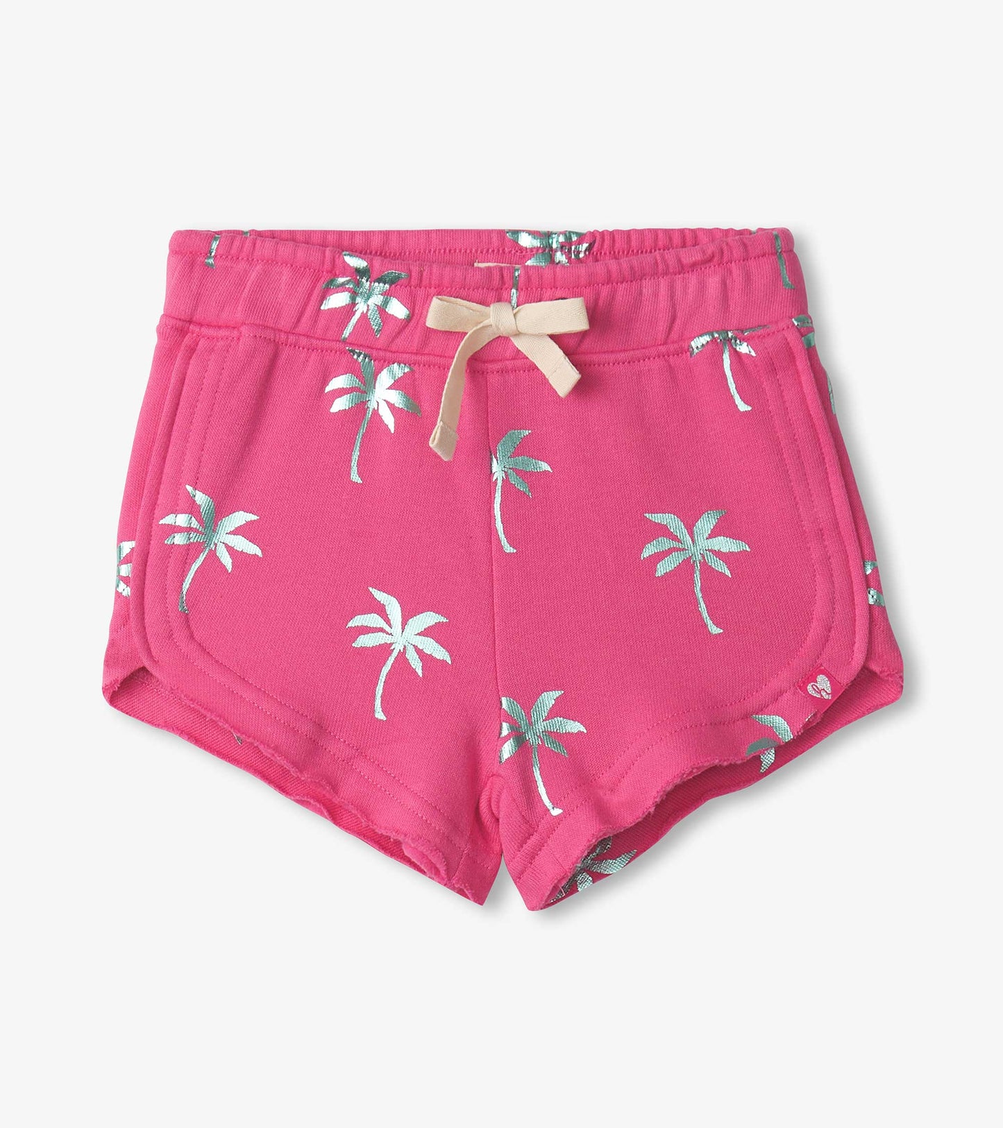 Pink pull-on shorts featuring a palm tree pattern and a decorative bow at the waistband.