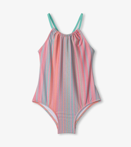 Girls' swimsuit featuring a gathered front design with colorful shimmer stripes in pink, blue, and orange.