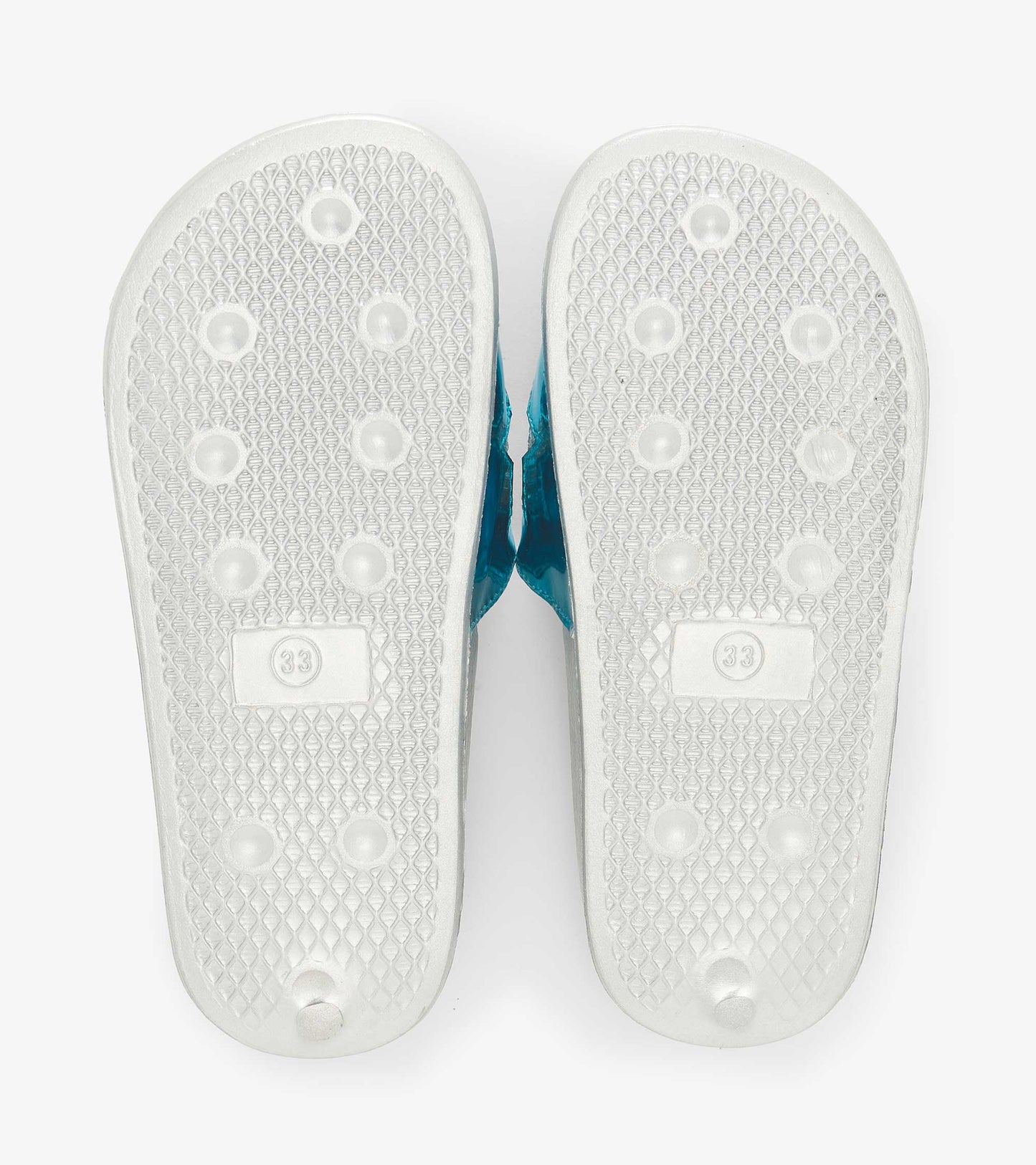 White-soled slides with a turquoise upper, featuring a textured pattern for grip.