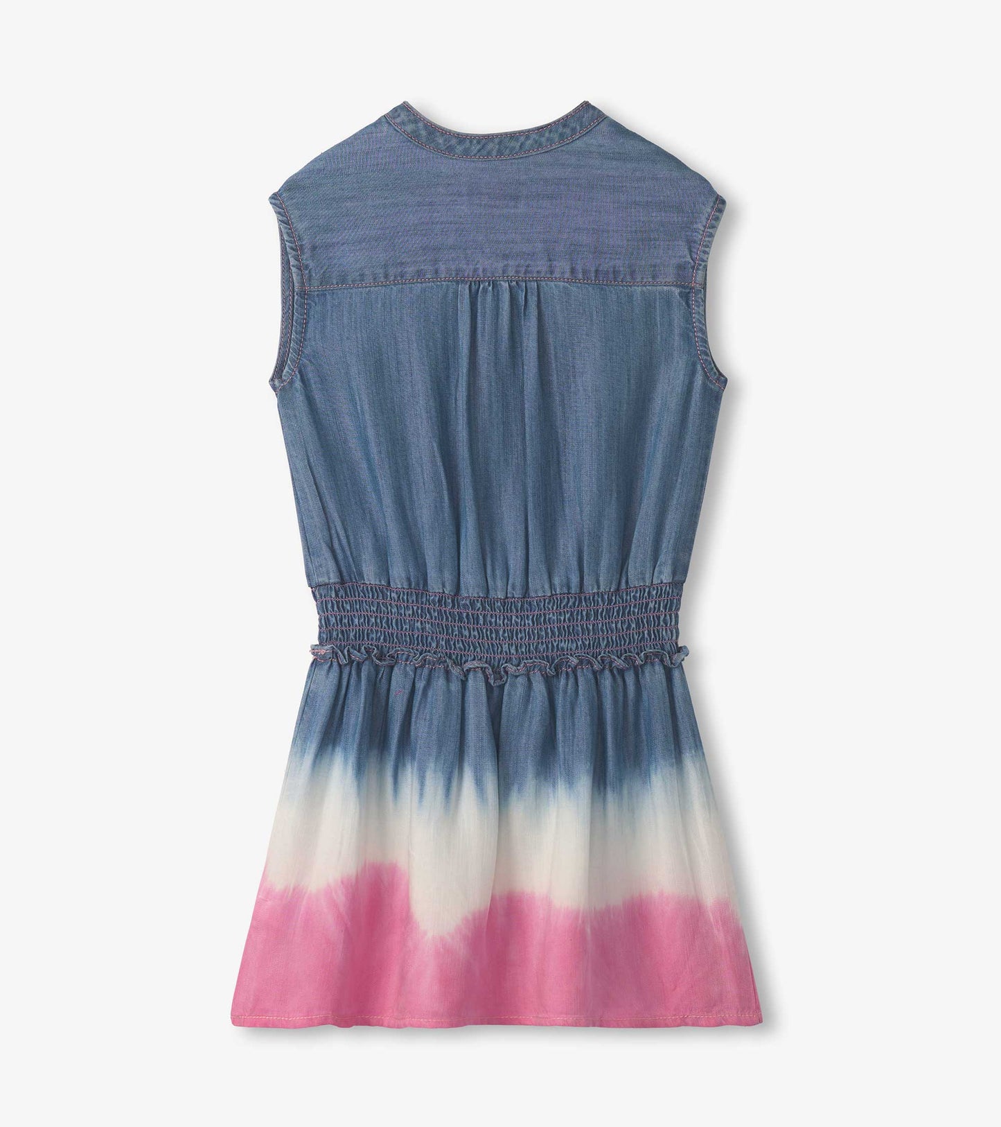 Sleeveless dress with a smocked waist, featuring a gradient of blue to pink tie-dye pattern.