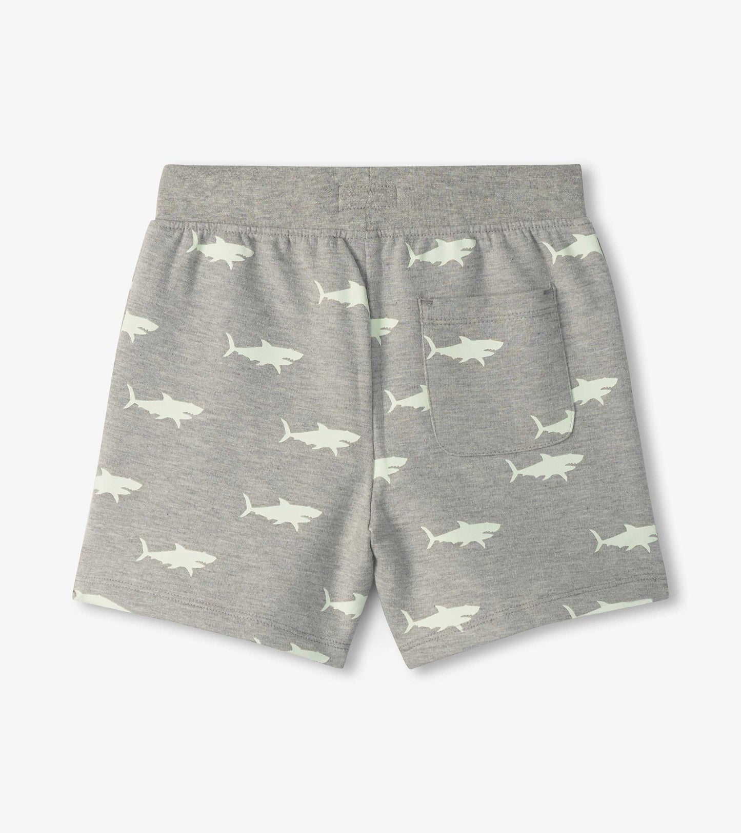 Gray pull-on shorts featuring a glow-in-the-dark shark pattern, with a back pocket for convenience.