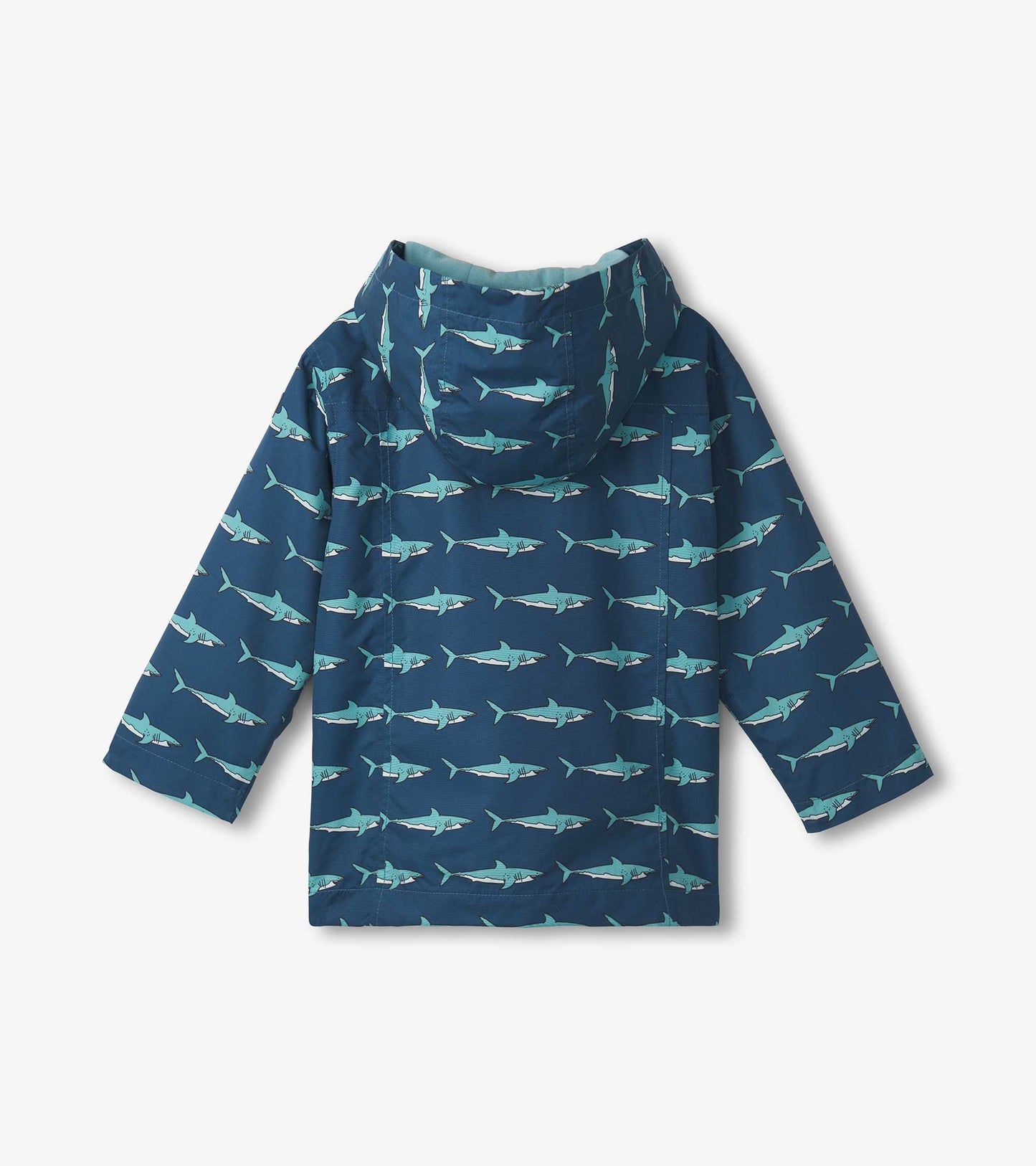 Lightweight navy rain jacket with a shark pattern, featuring a hood and long sleeves. Back view displayed.