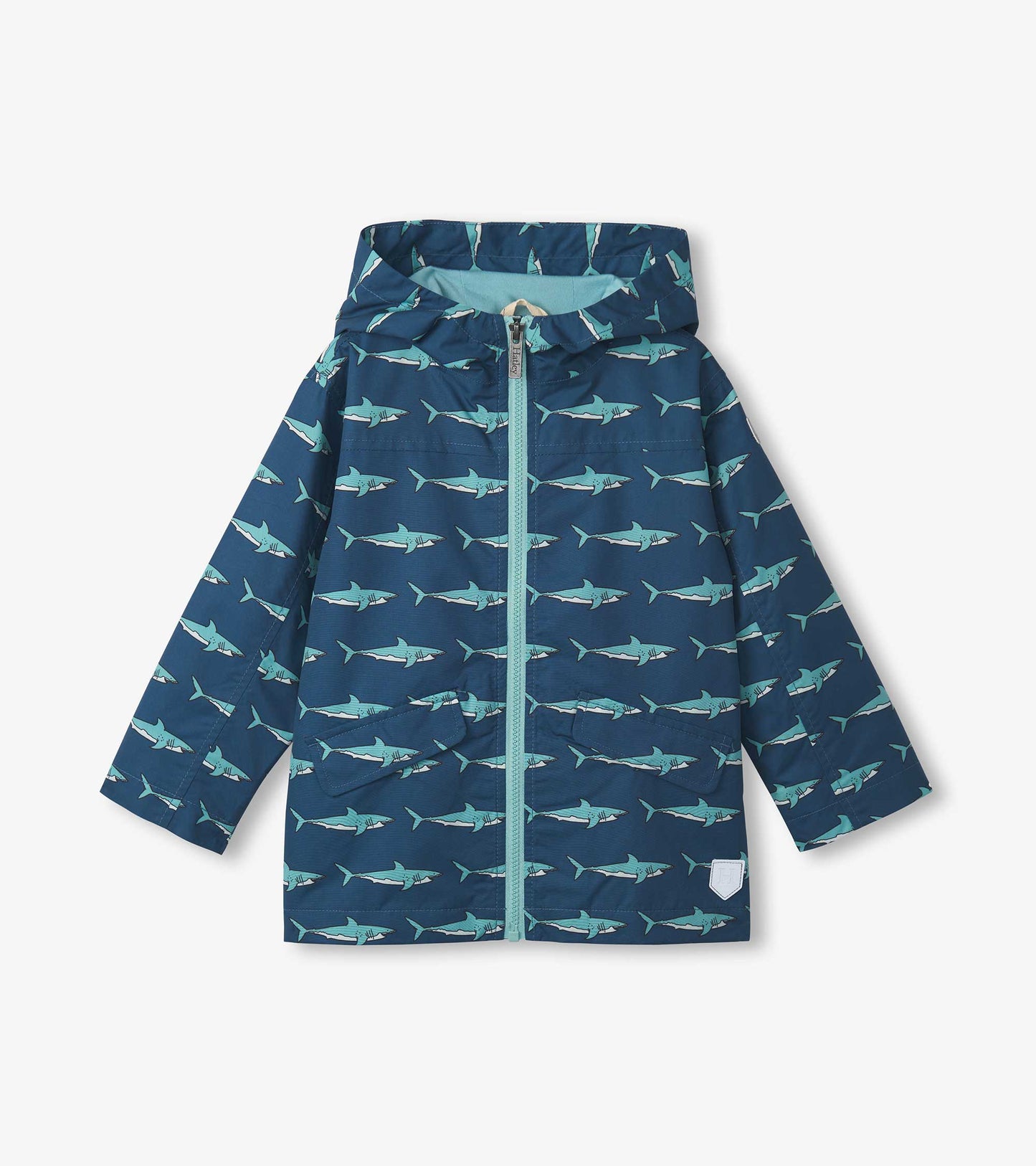 Lightweight zip-up rain jacket in navy with a shark pattern, featuring a hood and front pockets.