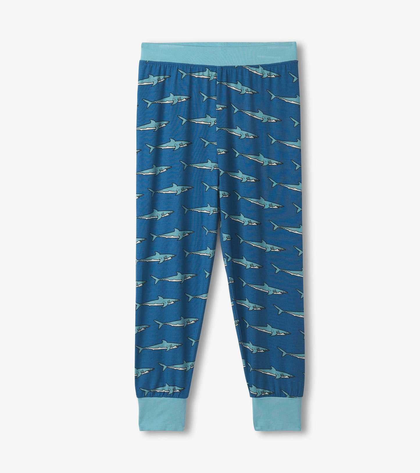 Blue bamboo pajama pants featuring a playful shark pattern, with a light blue waistband and cuffs.