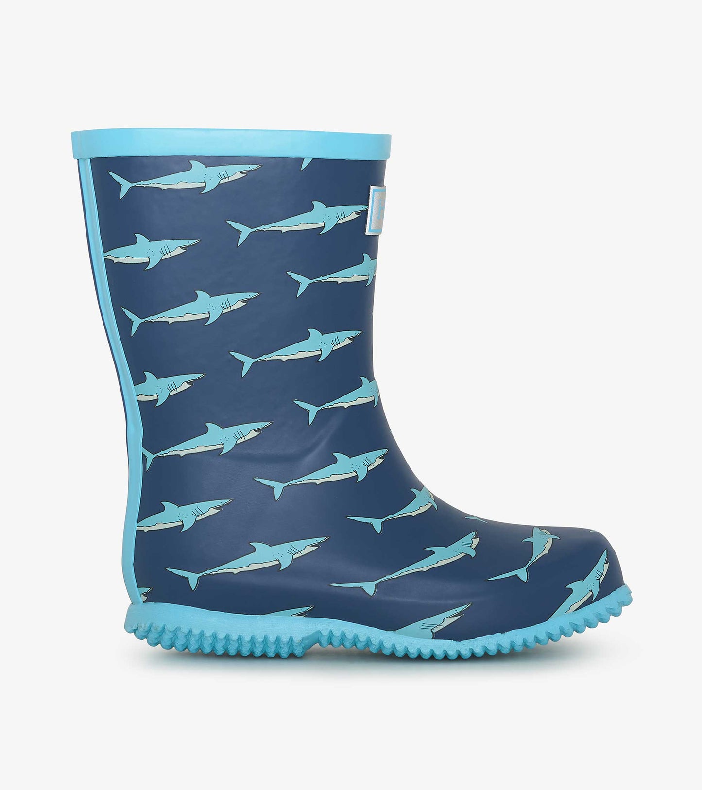 Navy rain boot featuring a shark pattern with a light blue trim and textured sole, ideal for wet weather.