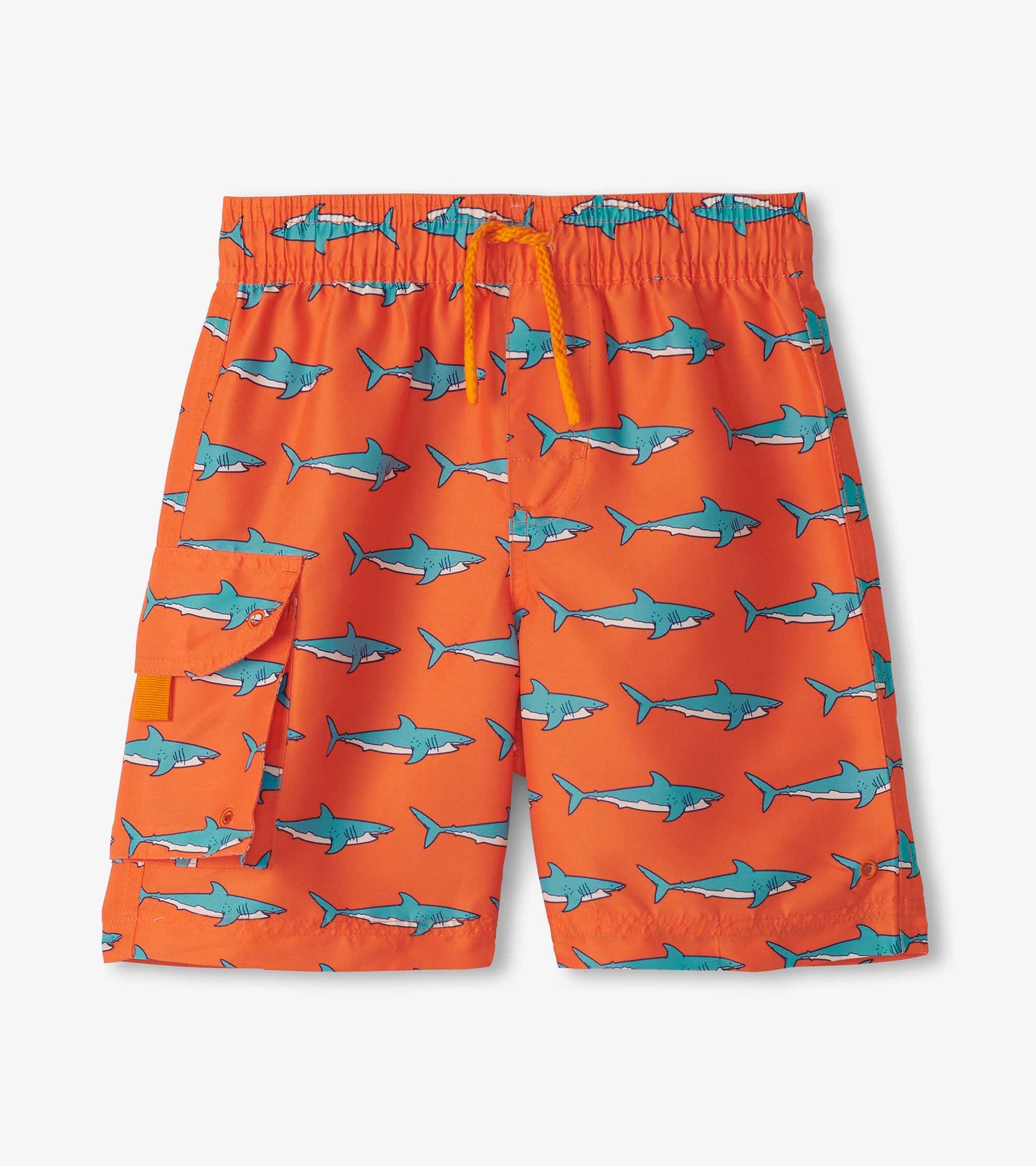 Orange board shorts featuring a playful shark pattern, with an elastic waistband and side pocket.