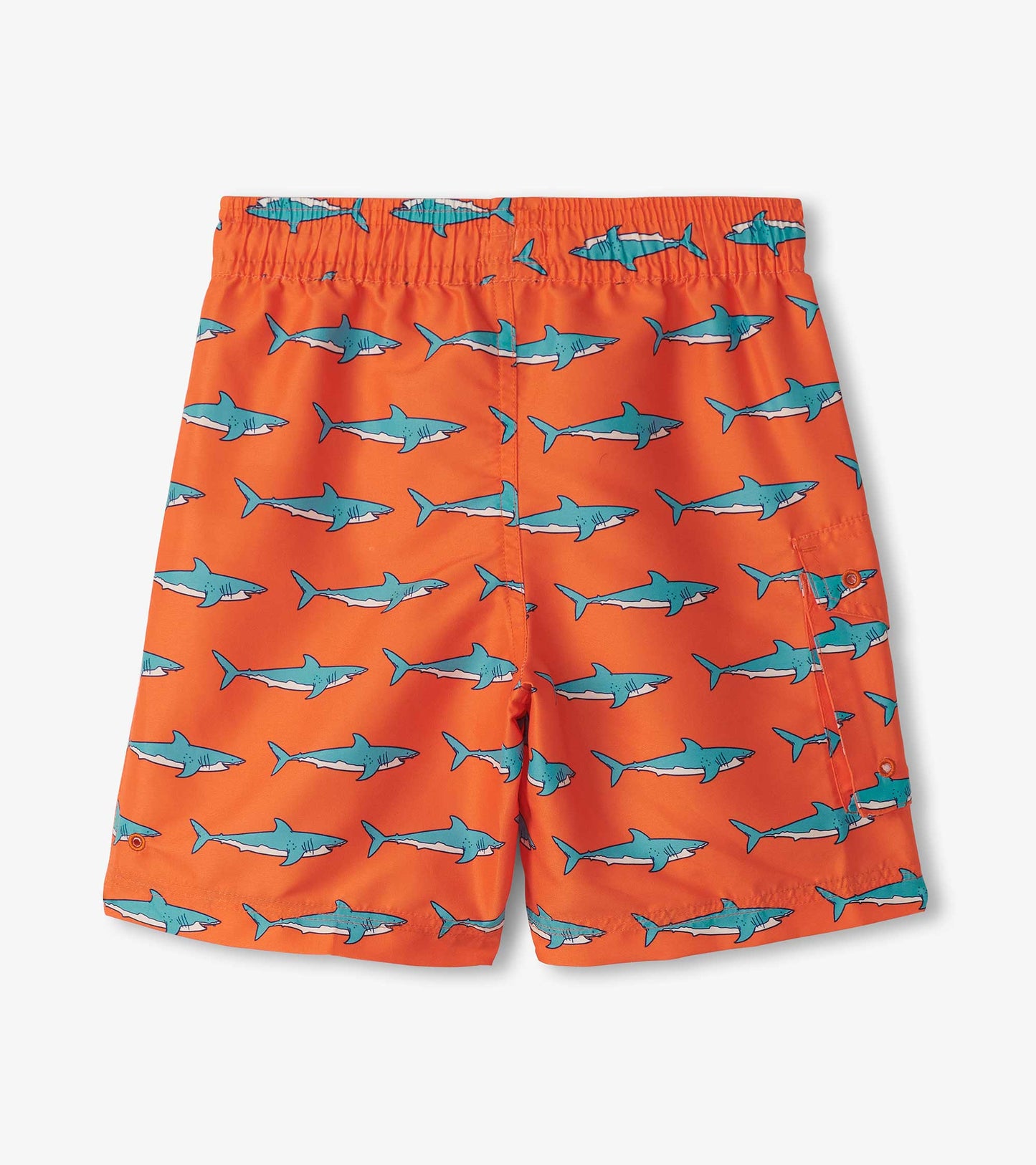 Orange board shorts featuring a playful shark pattern, designed for boys, with an elastic waistband and side pocket.