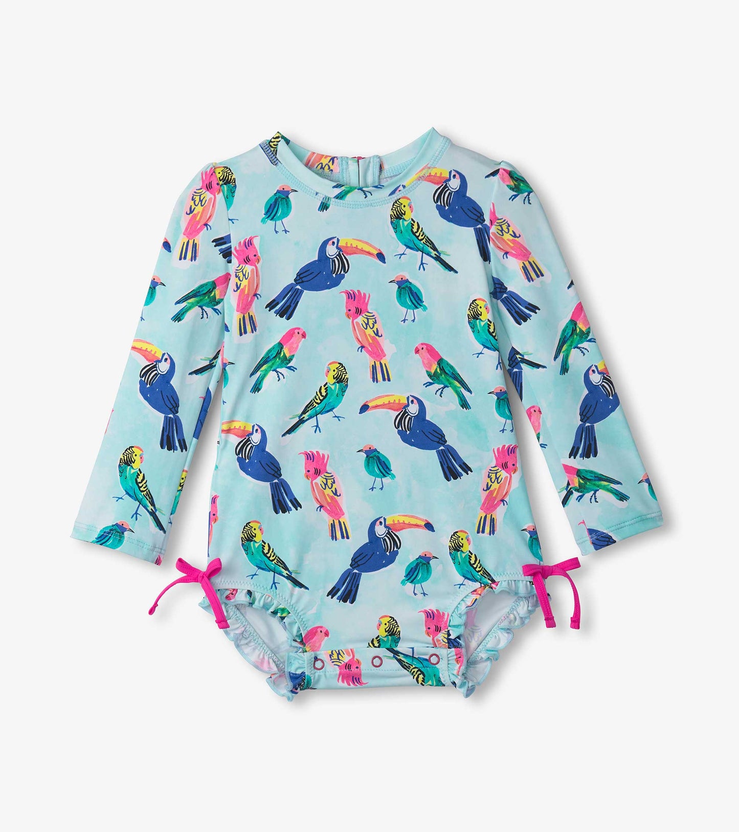 Light blue long-sleeve rashguard swimsuit featuring colorful tropical birds and pink ties at the legs.