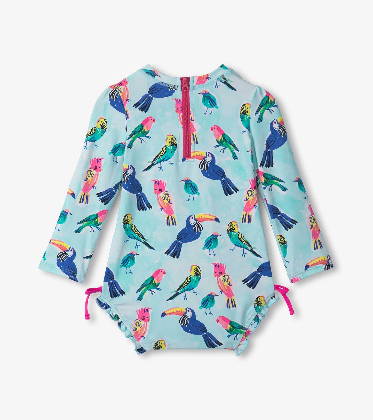 Light blue rashguard swimsuit featuring colorful tropical birds, long sleeves, and a back zipper closure.