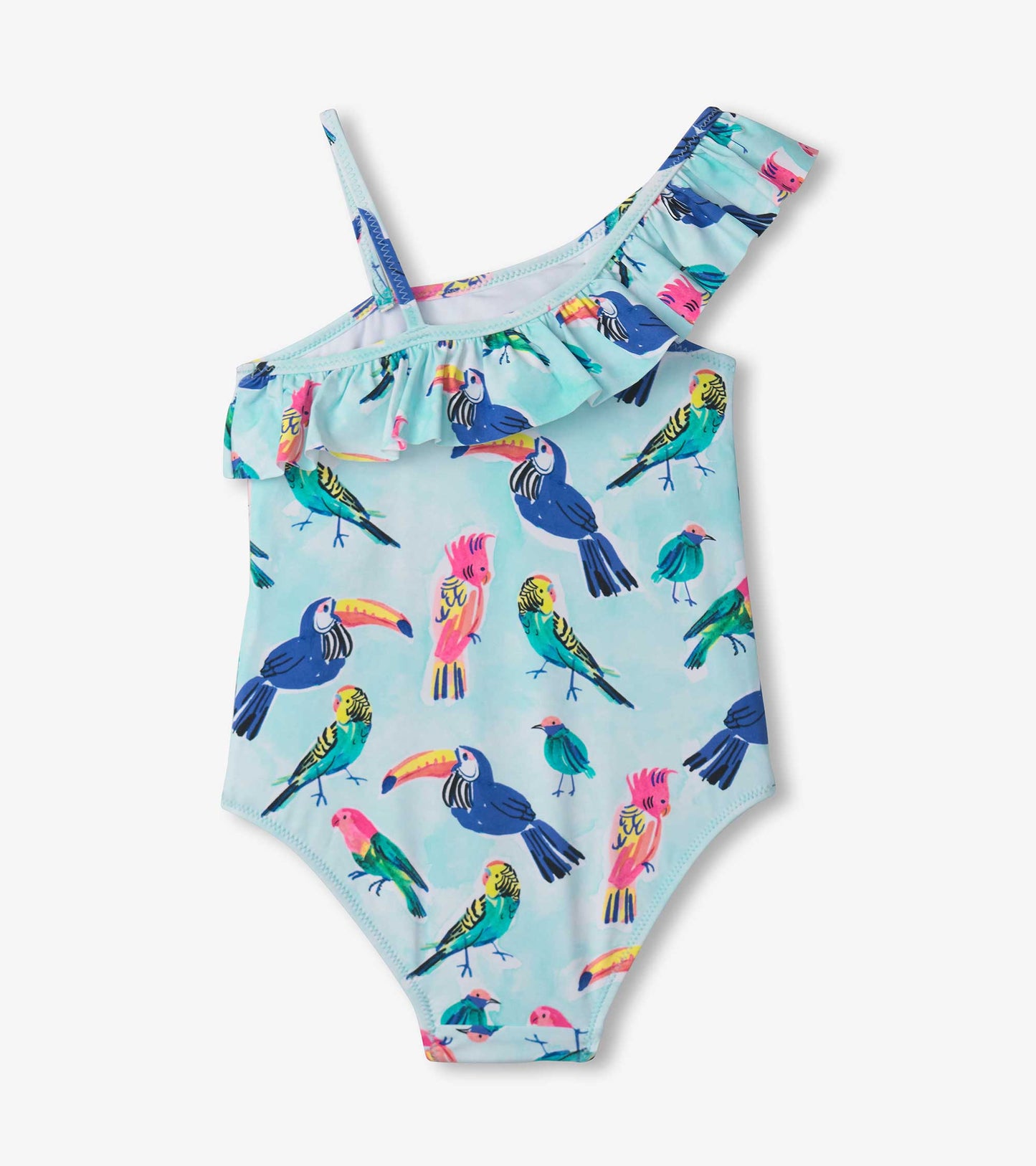 Light blue swimsuit featuring colorful tropical bird prints and a ruffle trim on one shoulder.