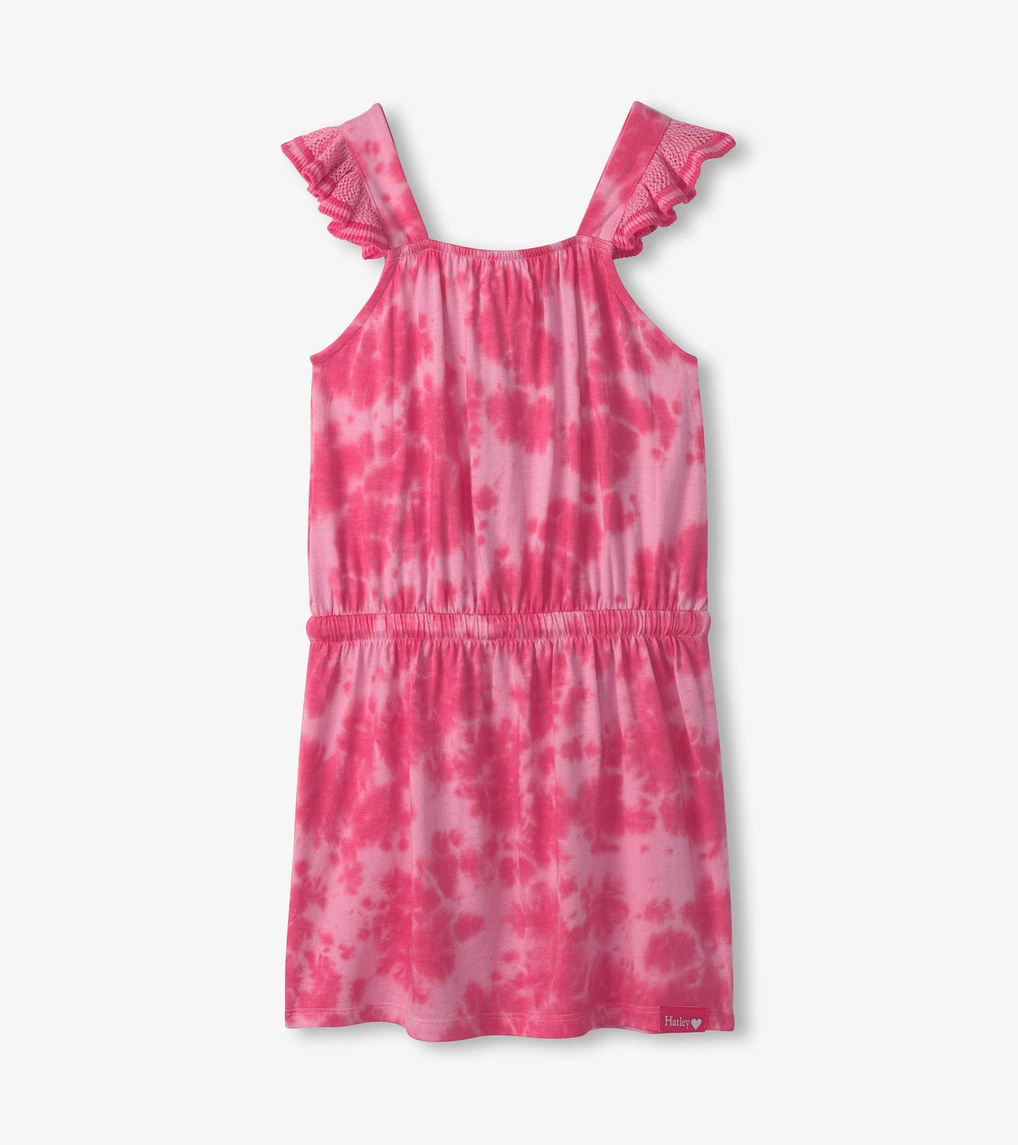 Pink tie-dye dress with a crochet bodice and ruffled straps, featuring an elastic waist for a comfortable fit.