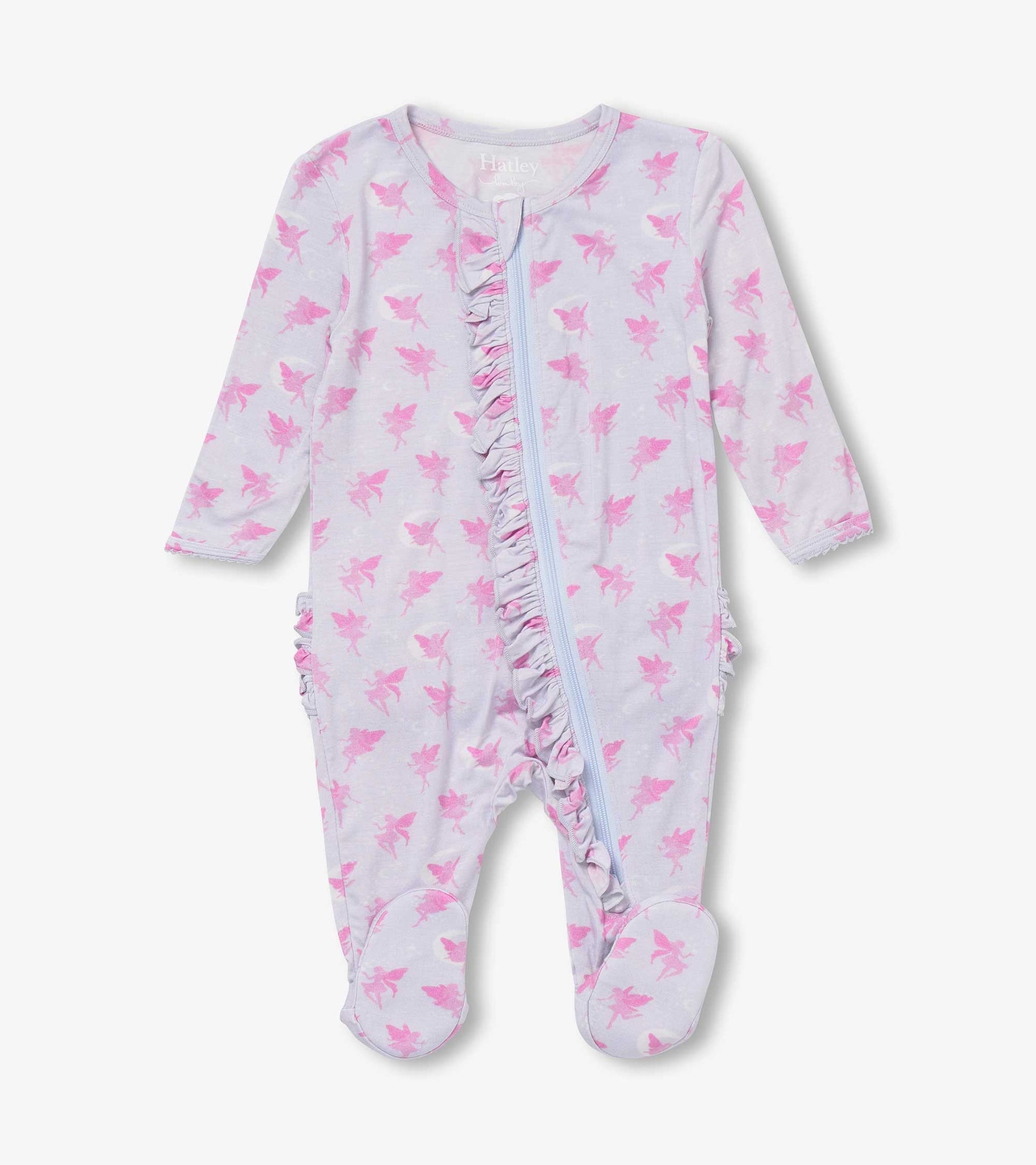 Light gray footed sleeper with pink fairy print, ruffled zipper, and long sleeves, suitable for baby girls.