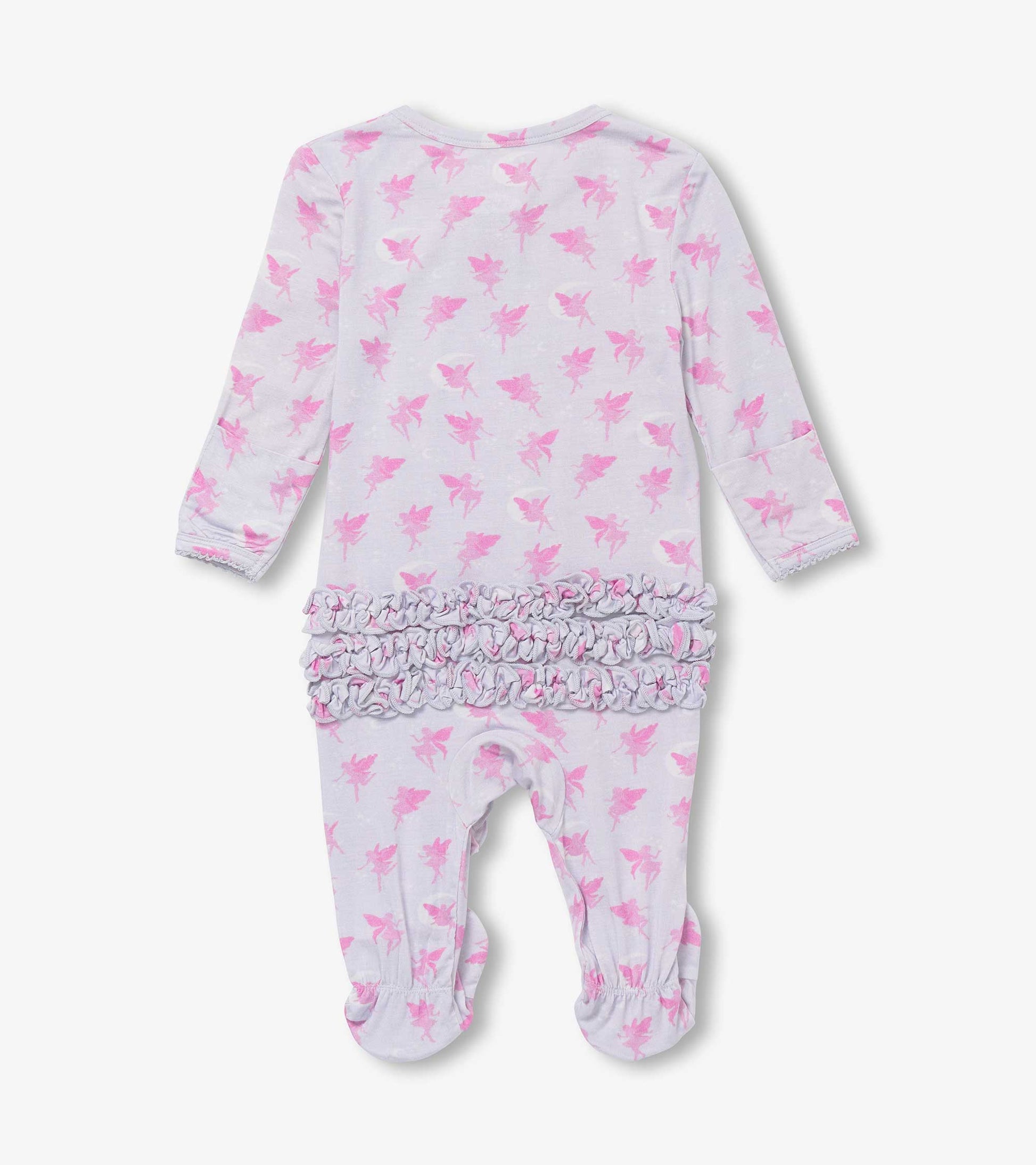 Light gray footed sleeper with pink fairy print and ruffled detailing at the back, suitable for baby girls.