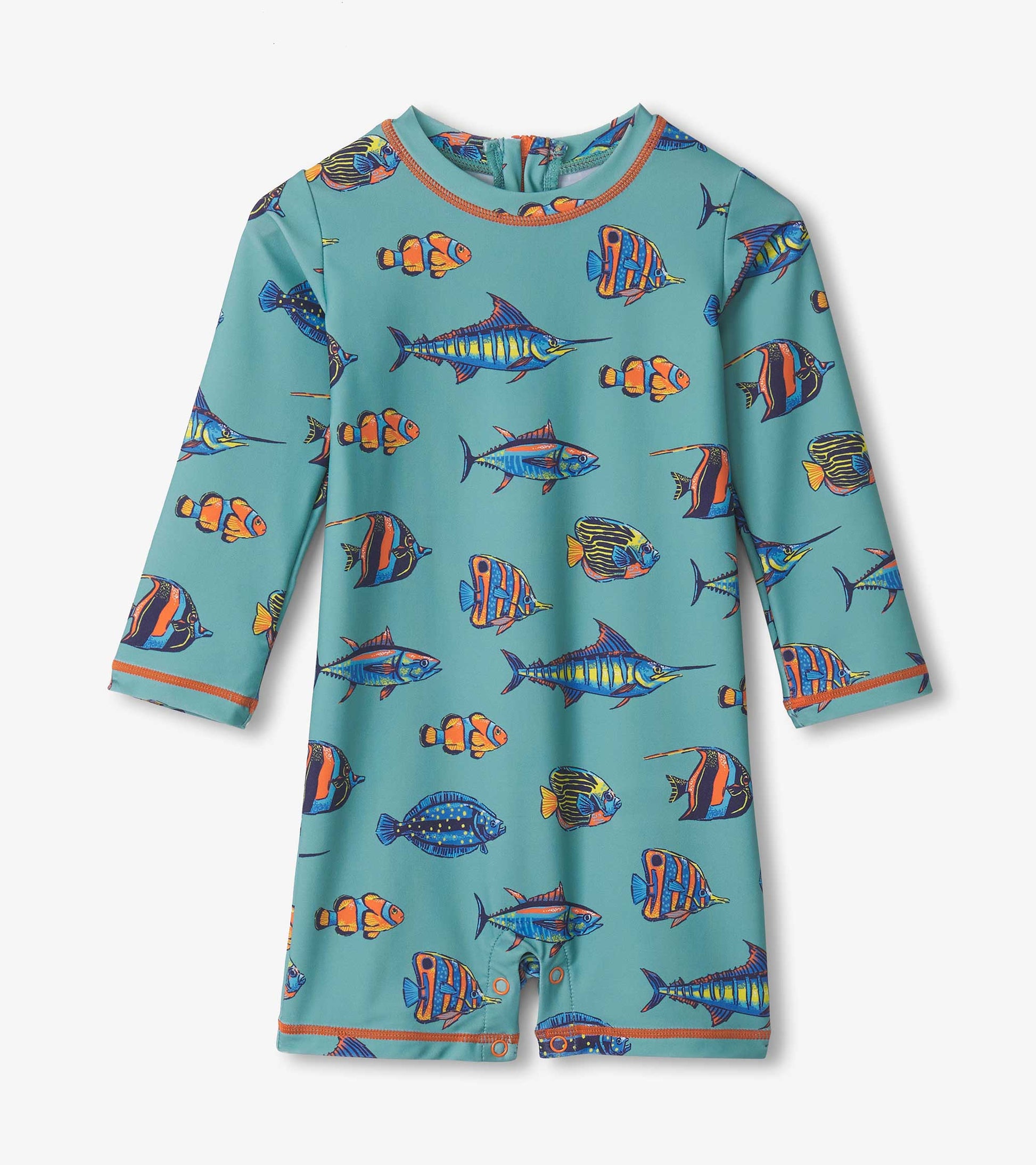 Light blue one-piece rashguard featuring colorful tropical fish patterns and long sleeves, suitable for baby boys.