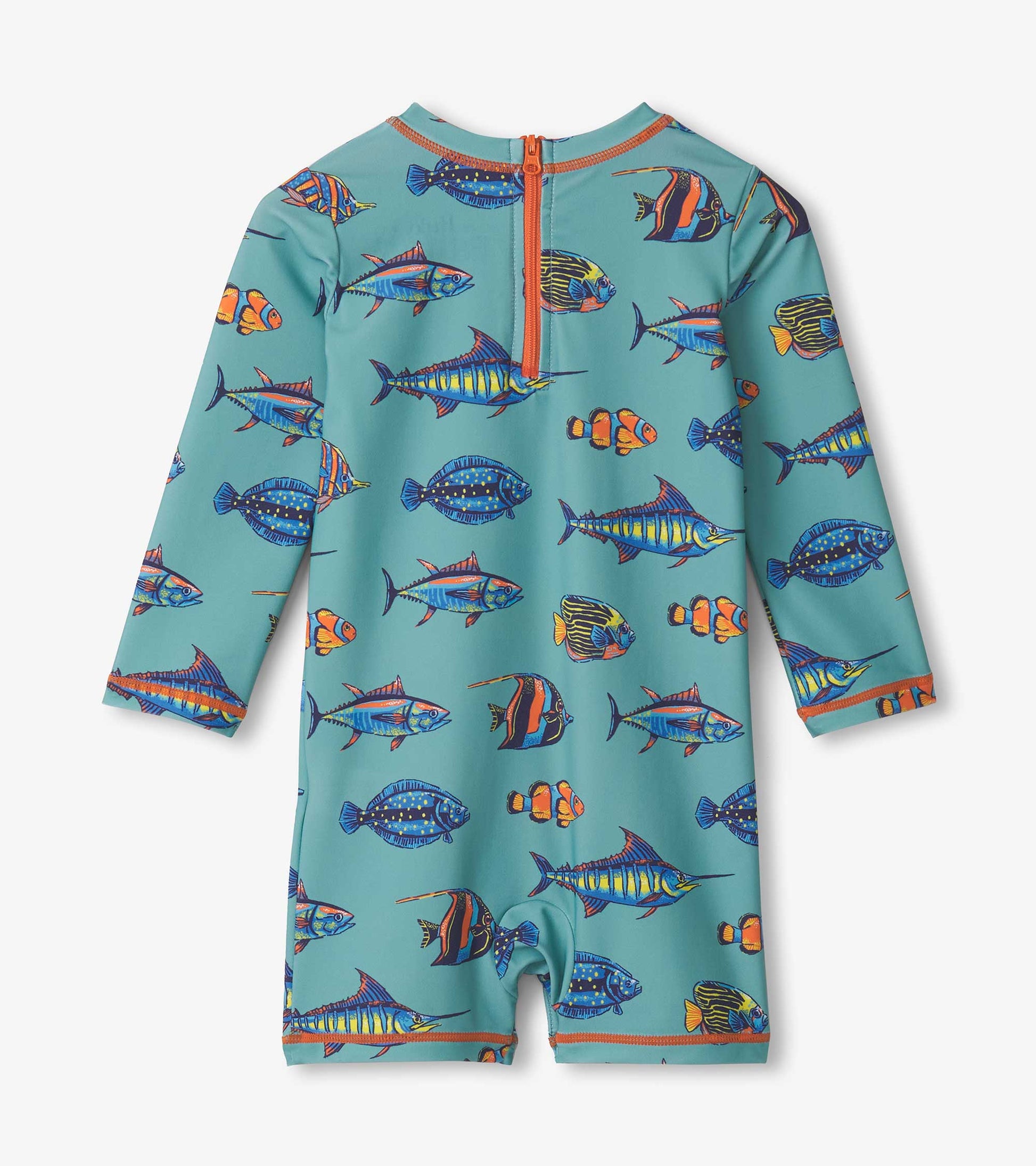 Teal one-piece rashguard featuring colorful tropical fish print and long sleeves, ideal for baby boys.