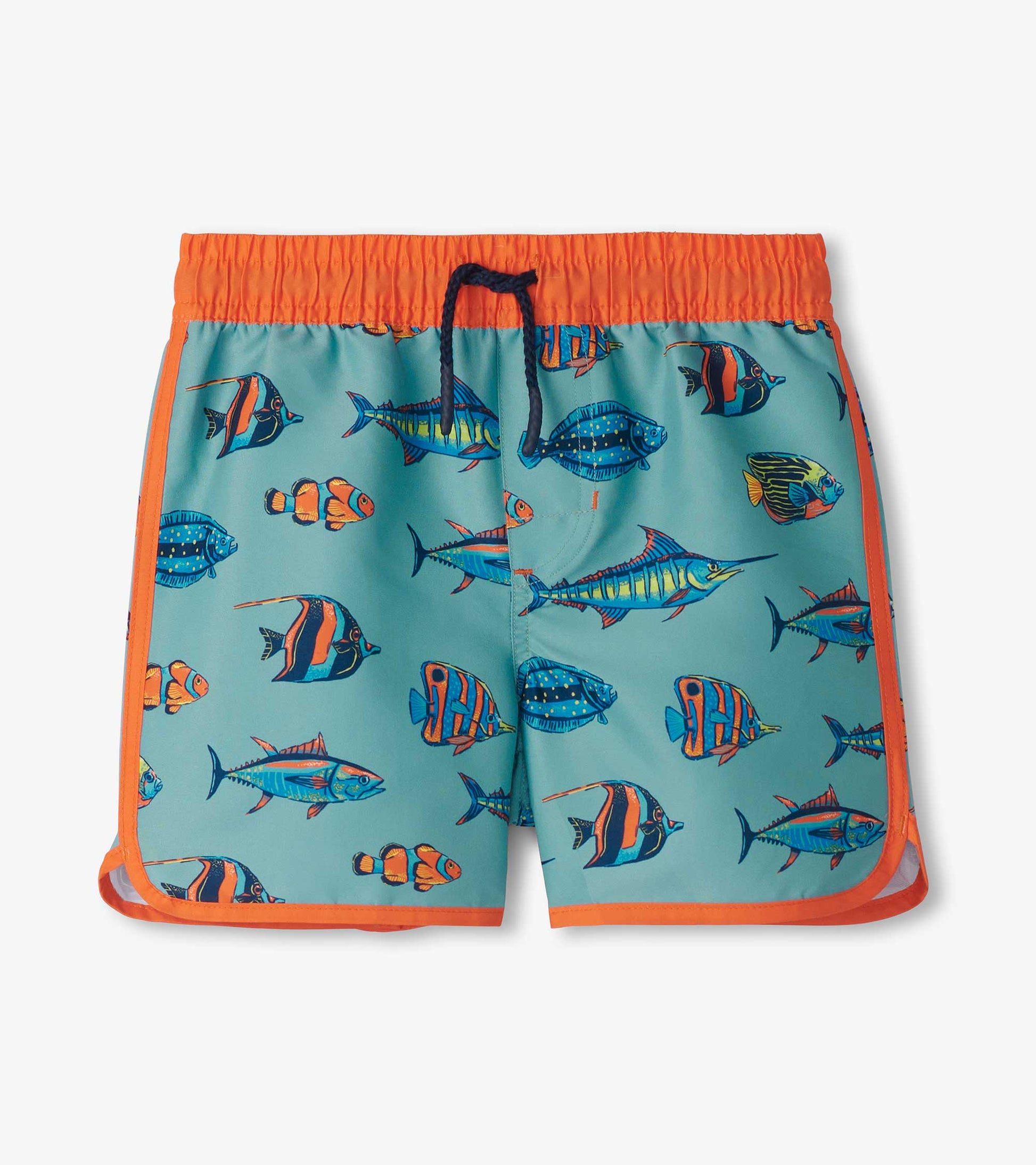 Turquoise swim shorts featuring colorful tropical fish patterns and an orange elastic waistband with drawstring.