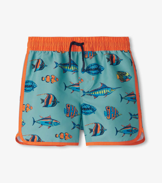 Turquoise swim shorts featuring colorful tropical fish patterns and an orange elastic waistband with drawstring.