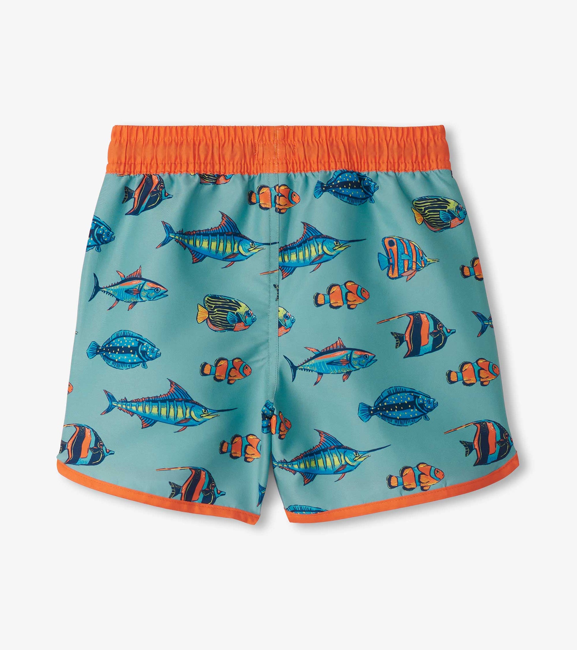 Boys' swim shorts featuring a vibrant tropical fish pattern on a light blue background with an elastic orange waistband.