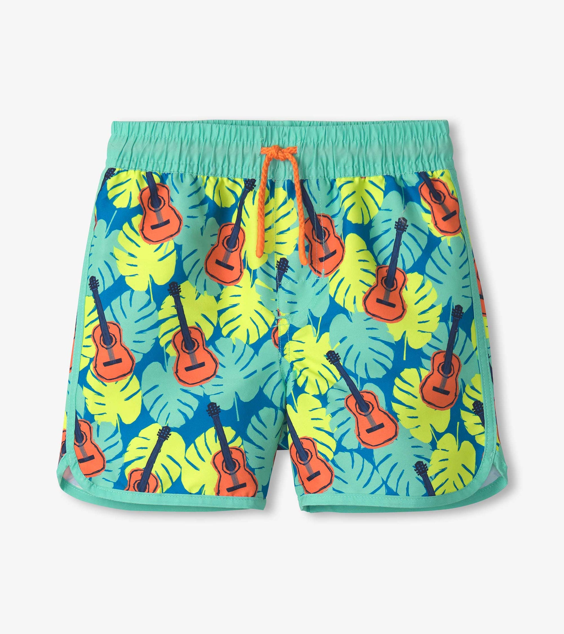 Boys' swim shorts featuring a vibrant tropical guitar and leaf pattern in blue, green, and orange with an elastic waistband.