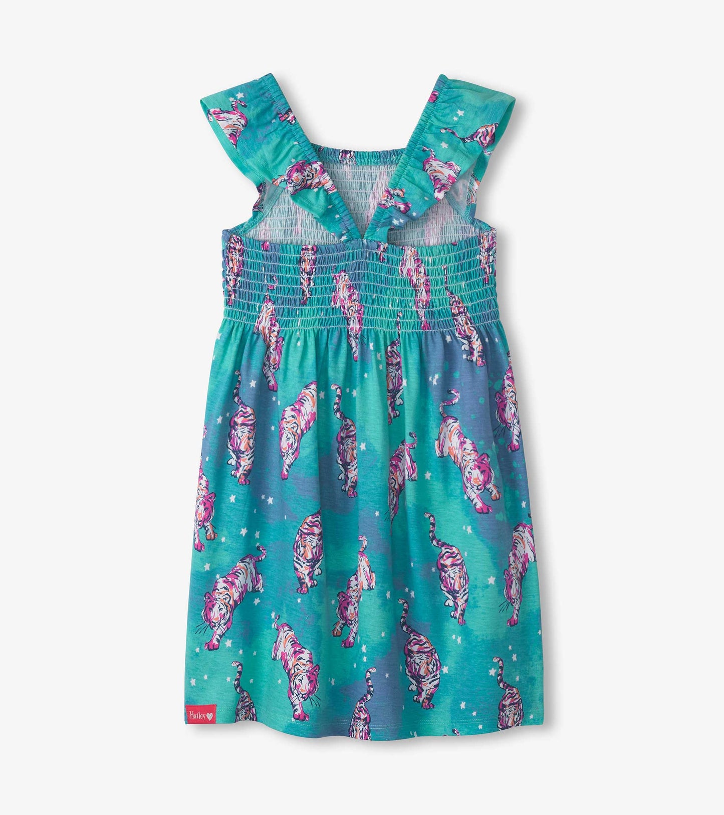 Smocked dress featuring a vibrant tiger print on a teal background, with ruffled straps and a relaxed fit.