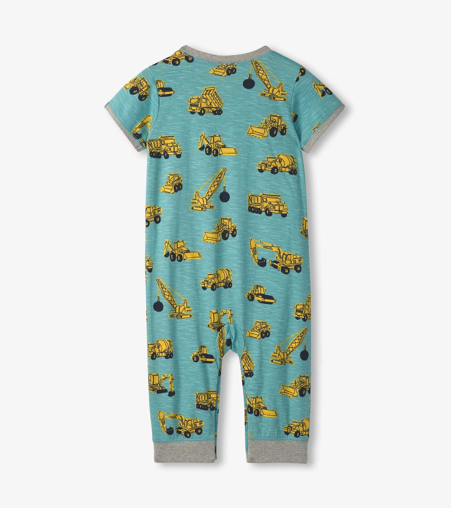Light blue jersey romper featuring yellow construction vehicle patterns, short sleeves, and gray trim.