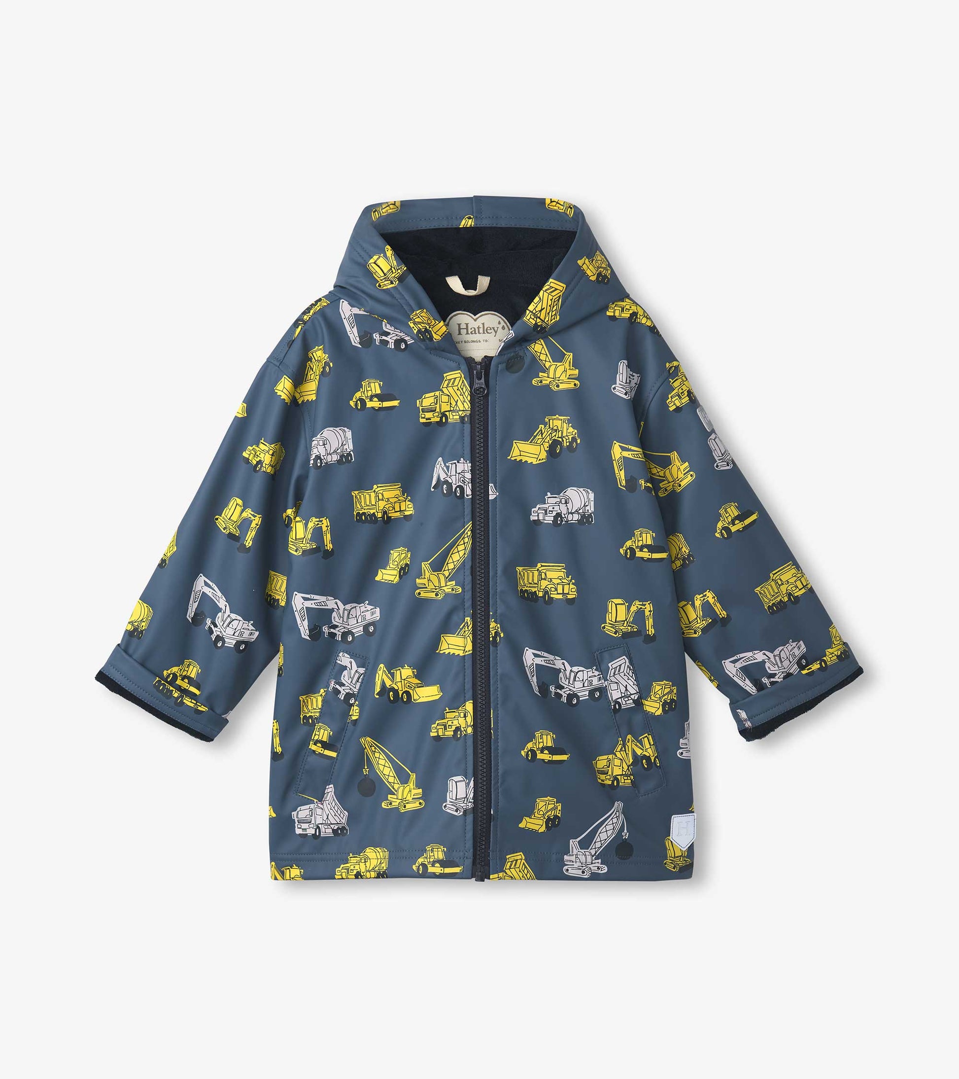 Blue zip-up rain jacket featuring yellow and gray construction vehicle patterns, designed for boys.