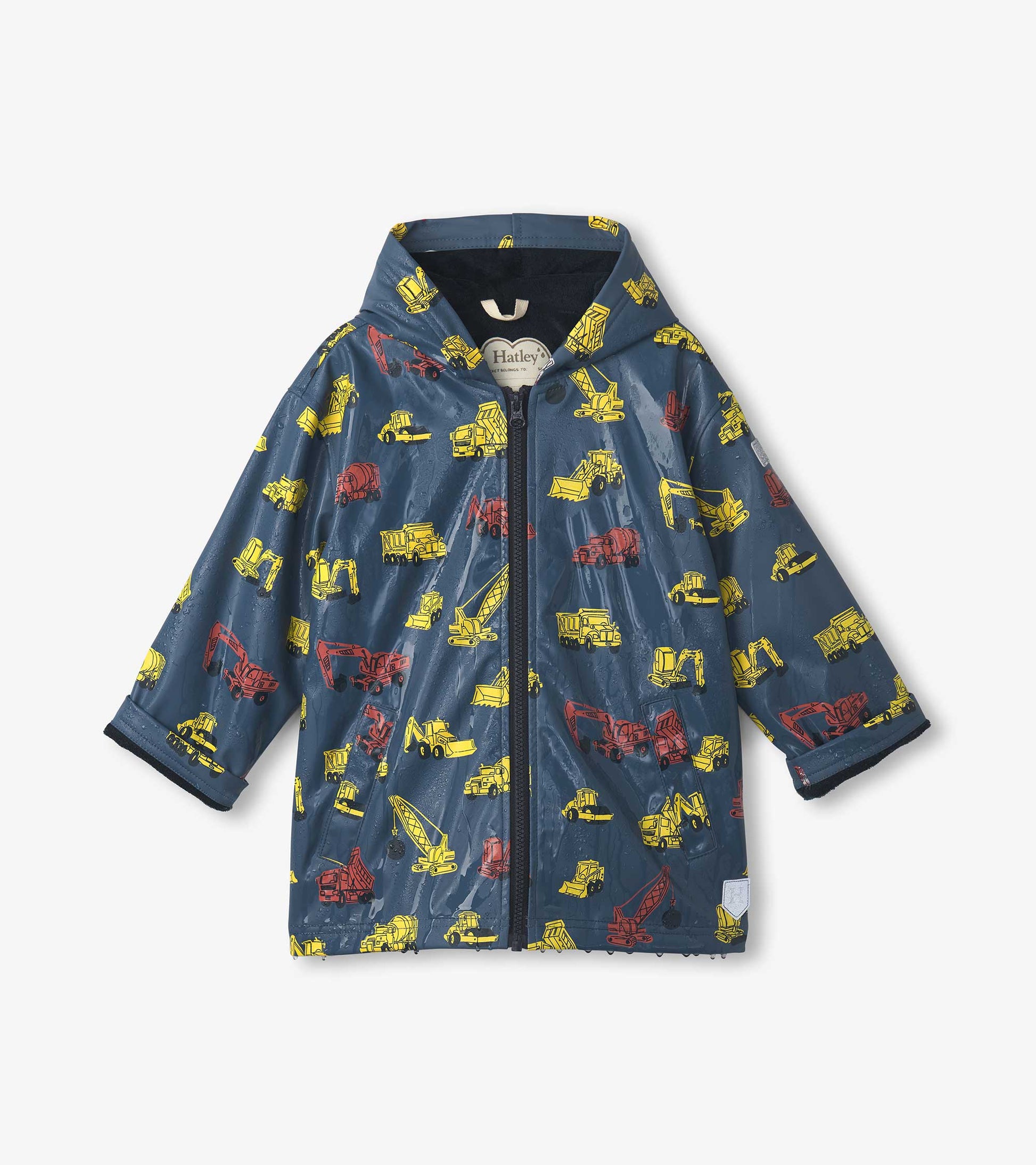 Navy zip-up rain jacket with colorful construction vehicle prints, featuring a hood and elastic cuffs.