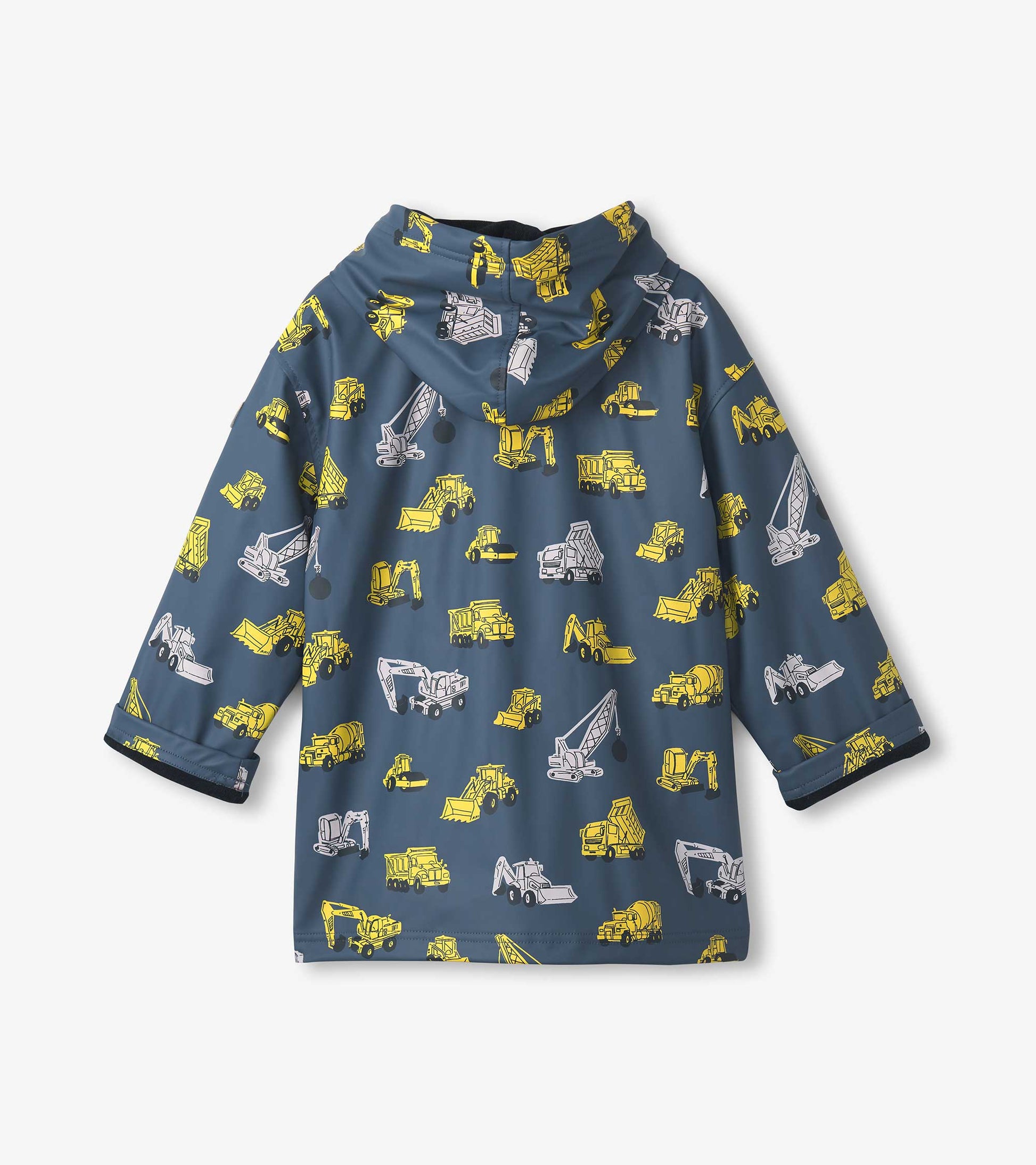 Blue zip-up rain jacket featuring yellow and gray construction vehicle patterns, designed for boys.