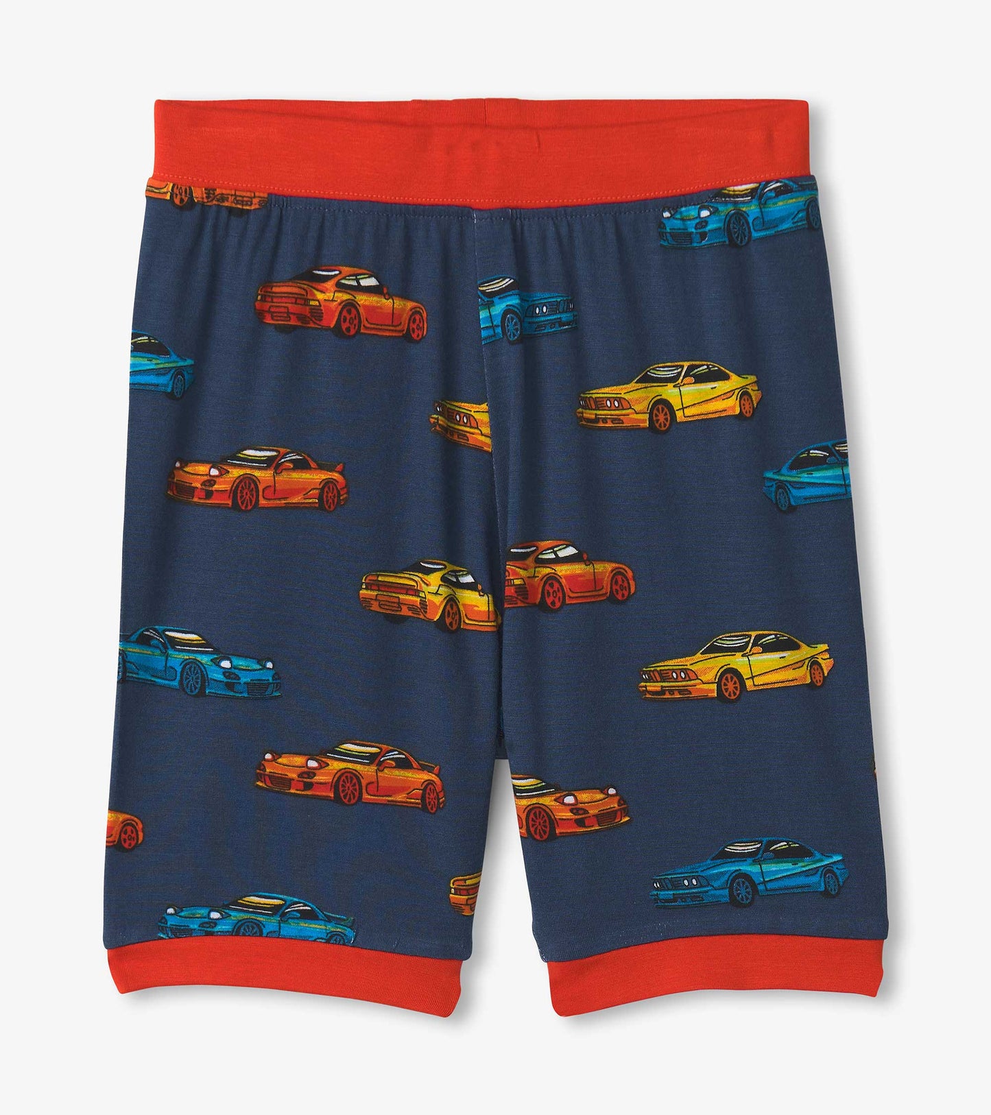 Navy bamboo shorts featuring colorful sport car prints and a red elastic waistband. Suitable for boys' sleepwear.