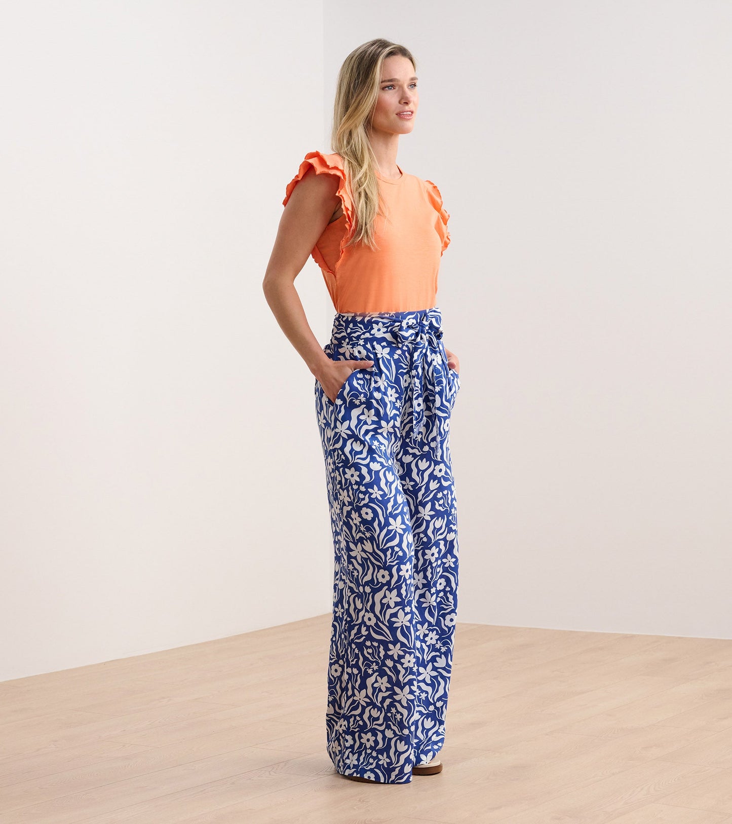 Belted Wide Leg Pants - Wavy Flowers