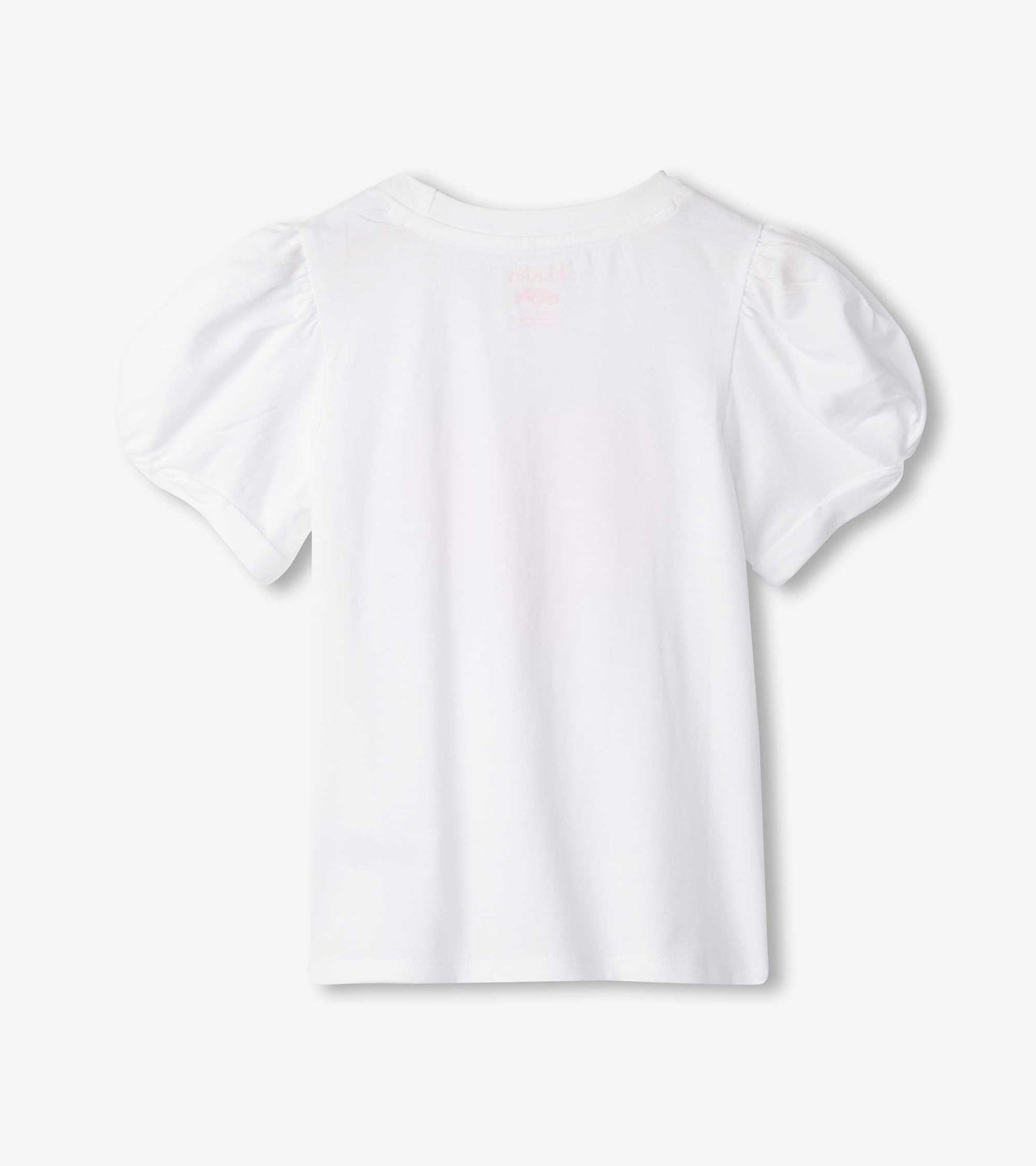 White short-sleeve tee with twisted sleeves and heart design, suitable for girls. Back view shown.