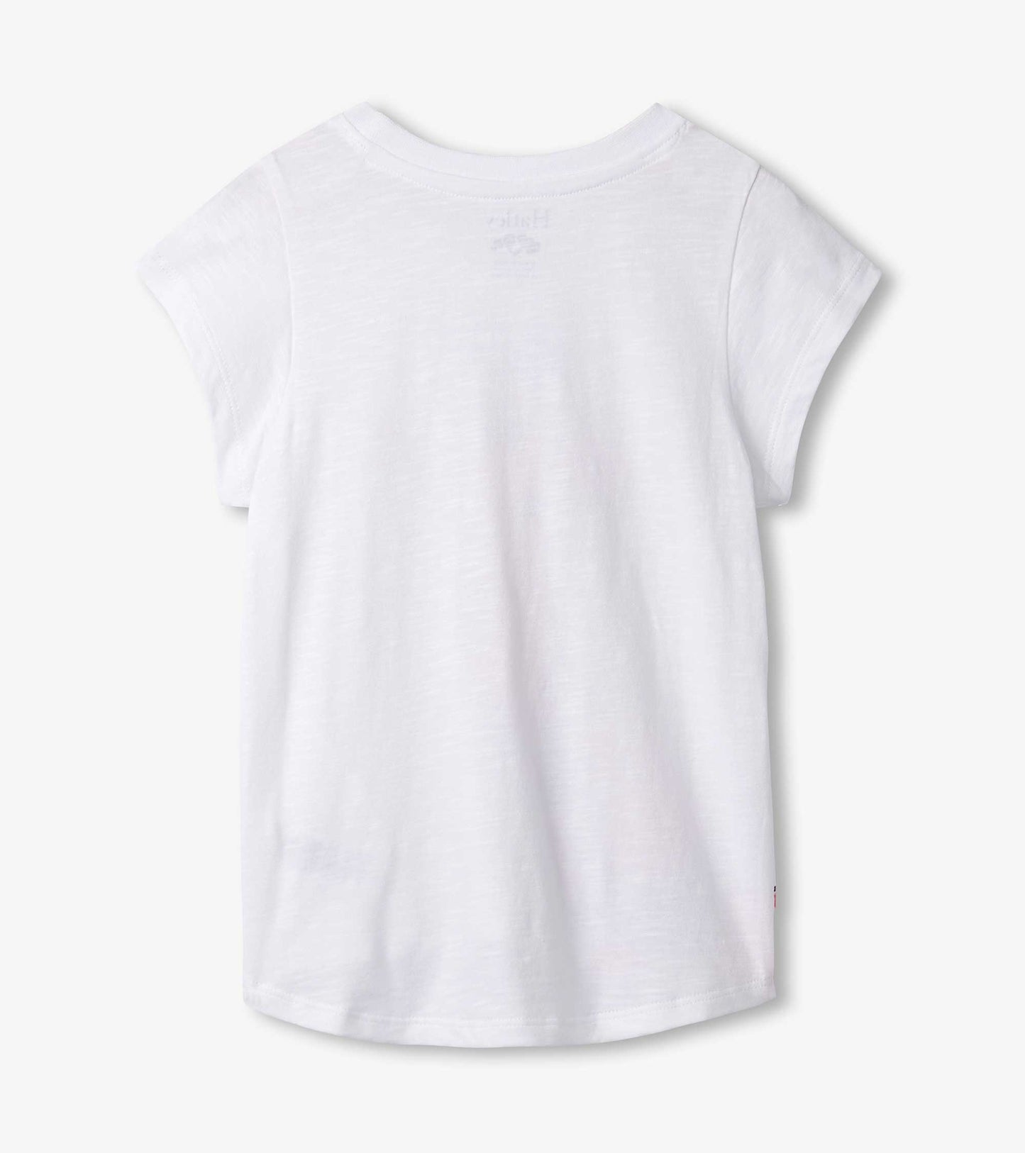 White short-sleeve t-shirt with a tie front design, featuring a soft, lightweight fabric. Back view shown.