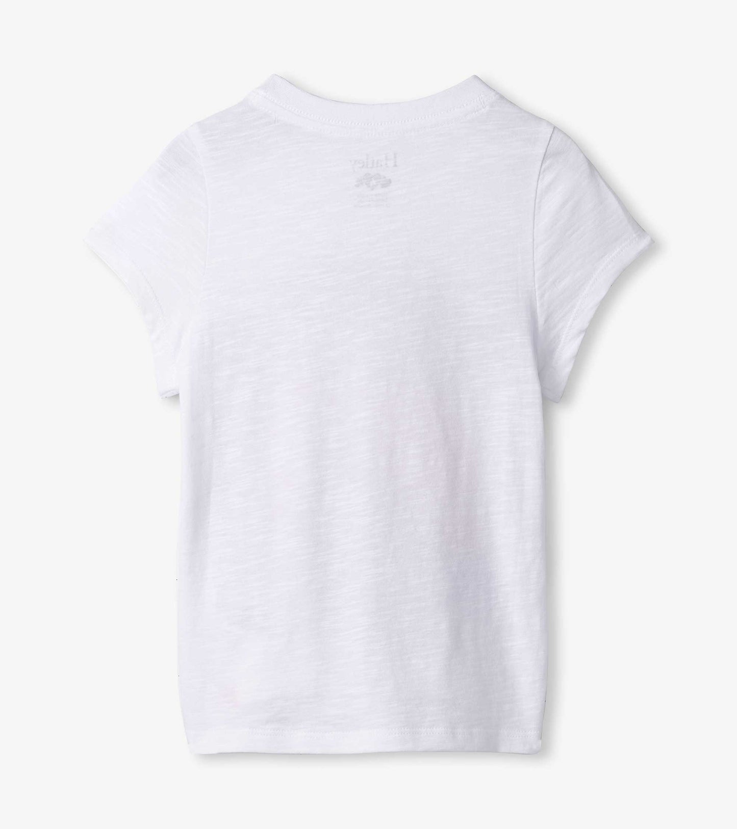 White short-sleeve graphic tee featuring a soft, lightweight fabric, ideal for casual wear.