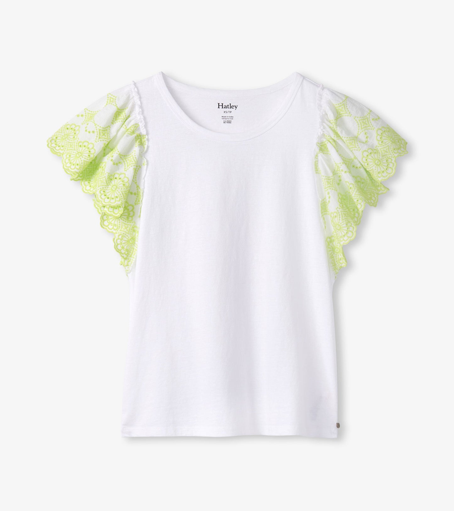 White tank top featuring eyelet sleeves in a vibrant green pattern.