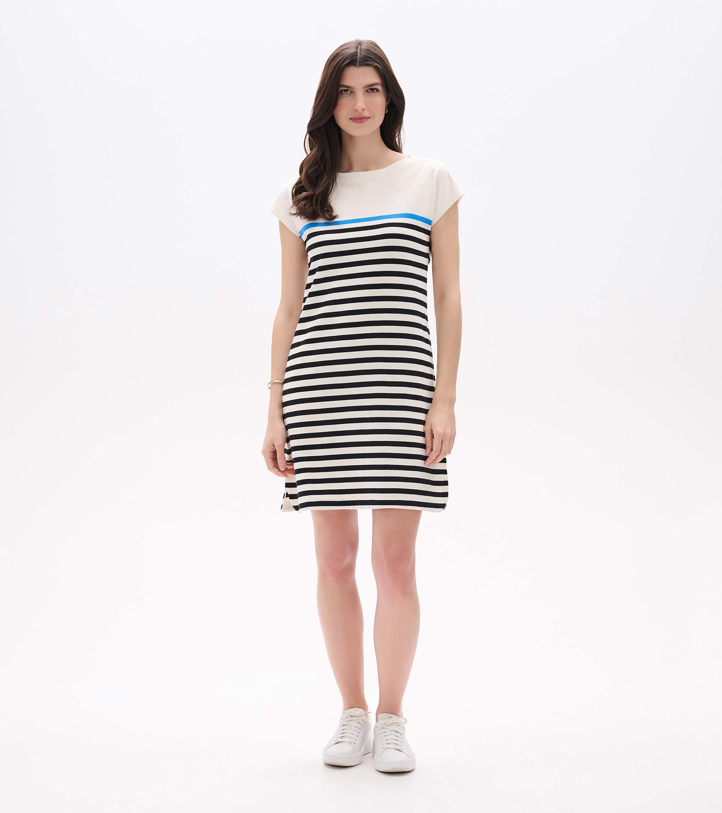 Full front view of Capri Dress in black stripes with blue chest stripe and cap sleeves