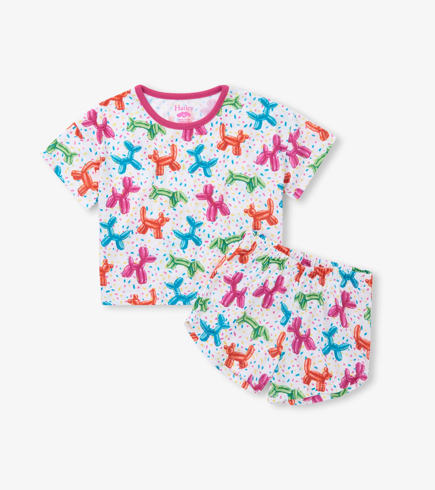 Girls short sleep set with white top and shorts, balloon animal print, confetti dots, and pink crew neckline