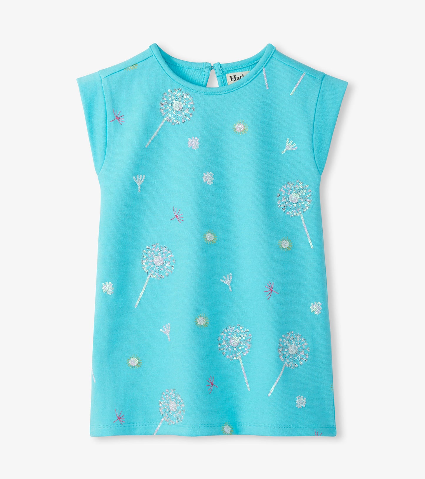 Turquoise girls dress with cap sleeves and white dandelion print, front view
