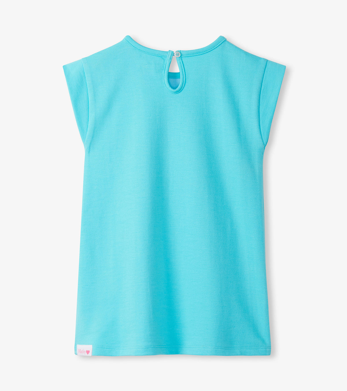 Back view of girls blue cap-sleeve dress with keyhole neckline and button closure