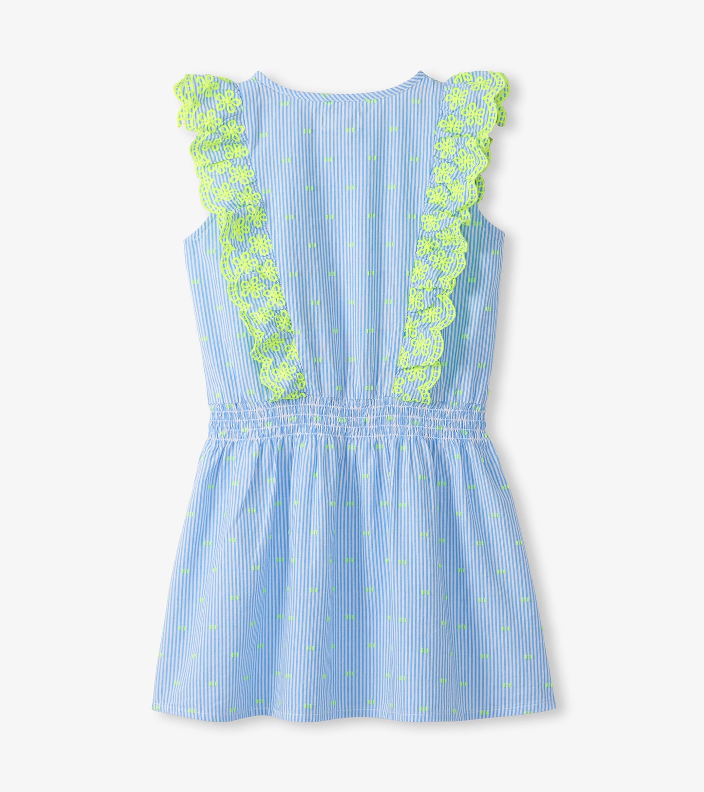 Girls blue striped dress with neon green dot print and scalloped ruffle trim, sleeveless front view