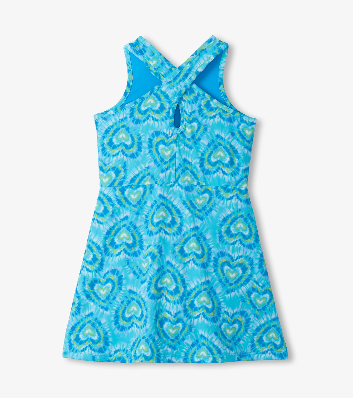 Girls blue tie-dye heart print active A-line dress with crisscross back straps