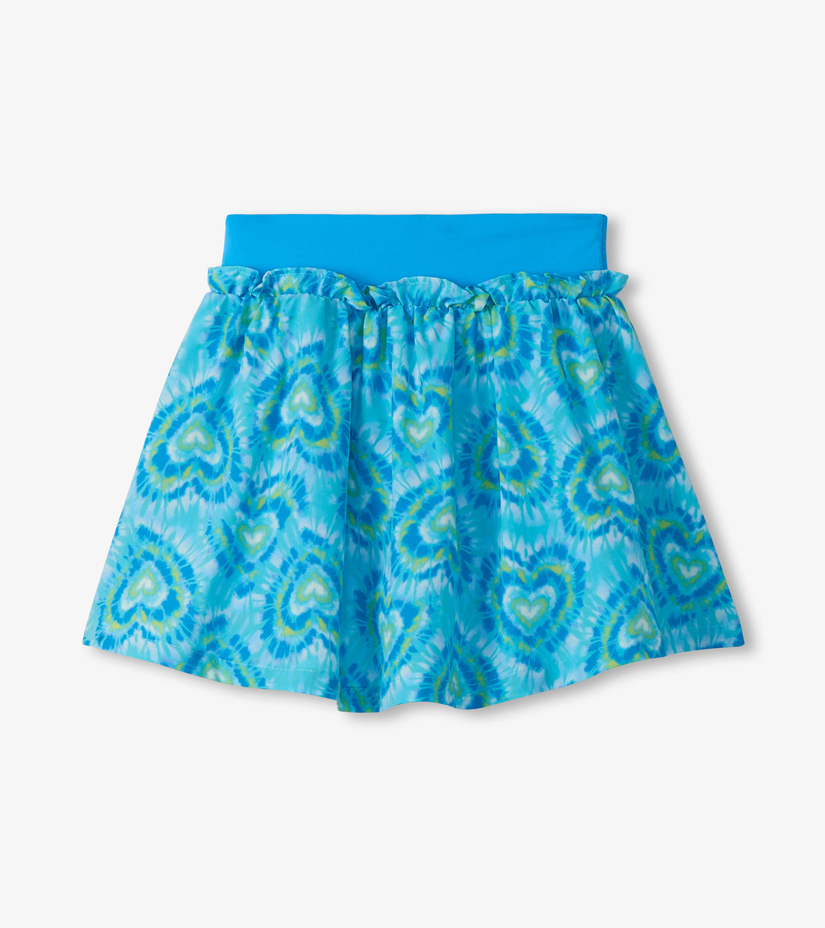 Girls blue ruffle skort with heart tie-dye print and wide waistband, front product view