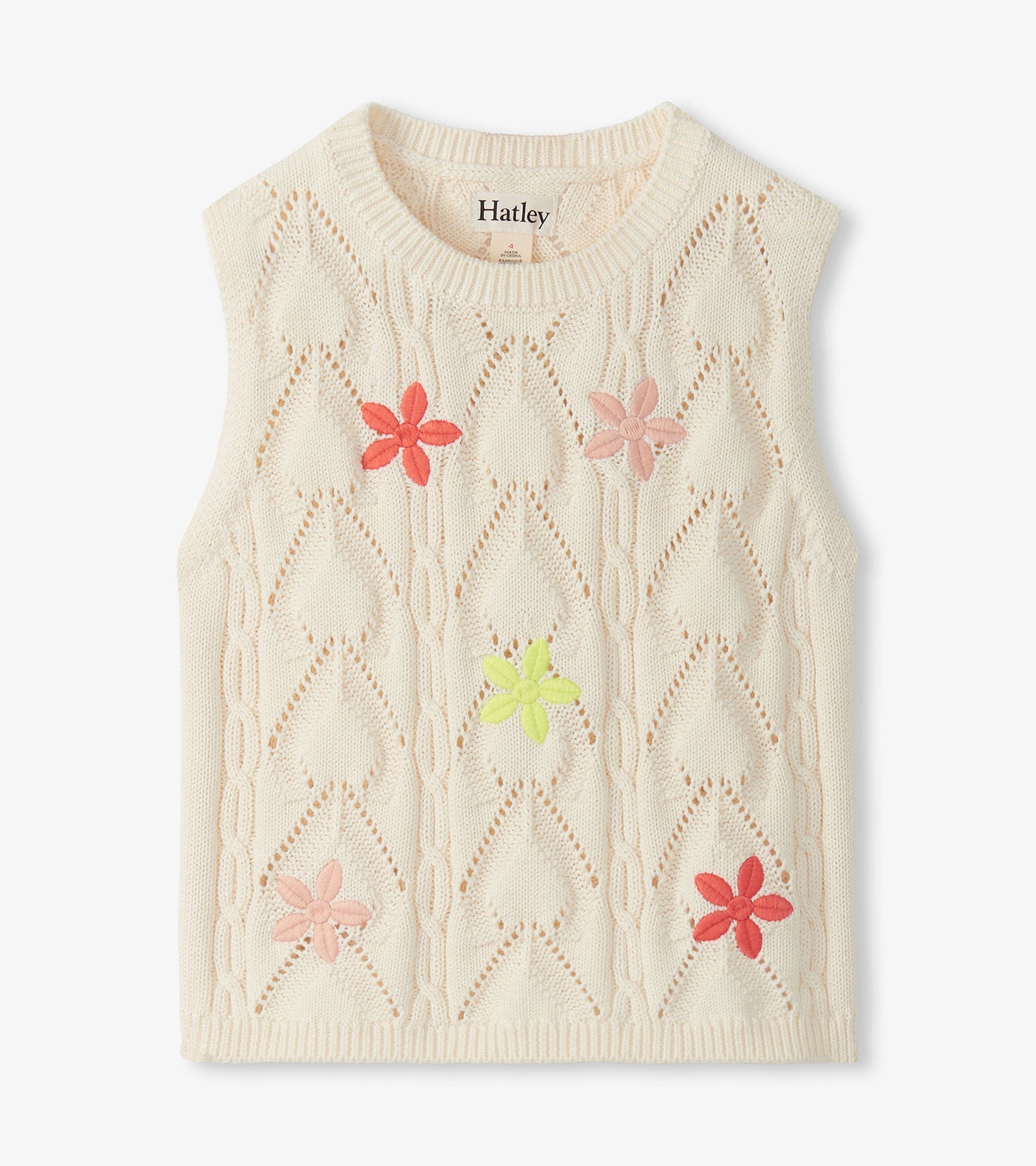 Cream sleeveless knit top with openwork diamond pattern and pink, coral, and lime flower appliqués