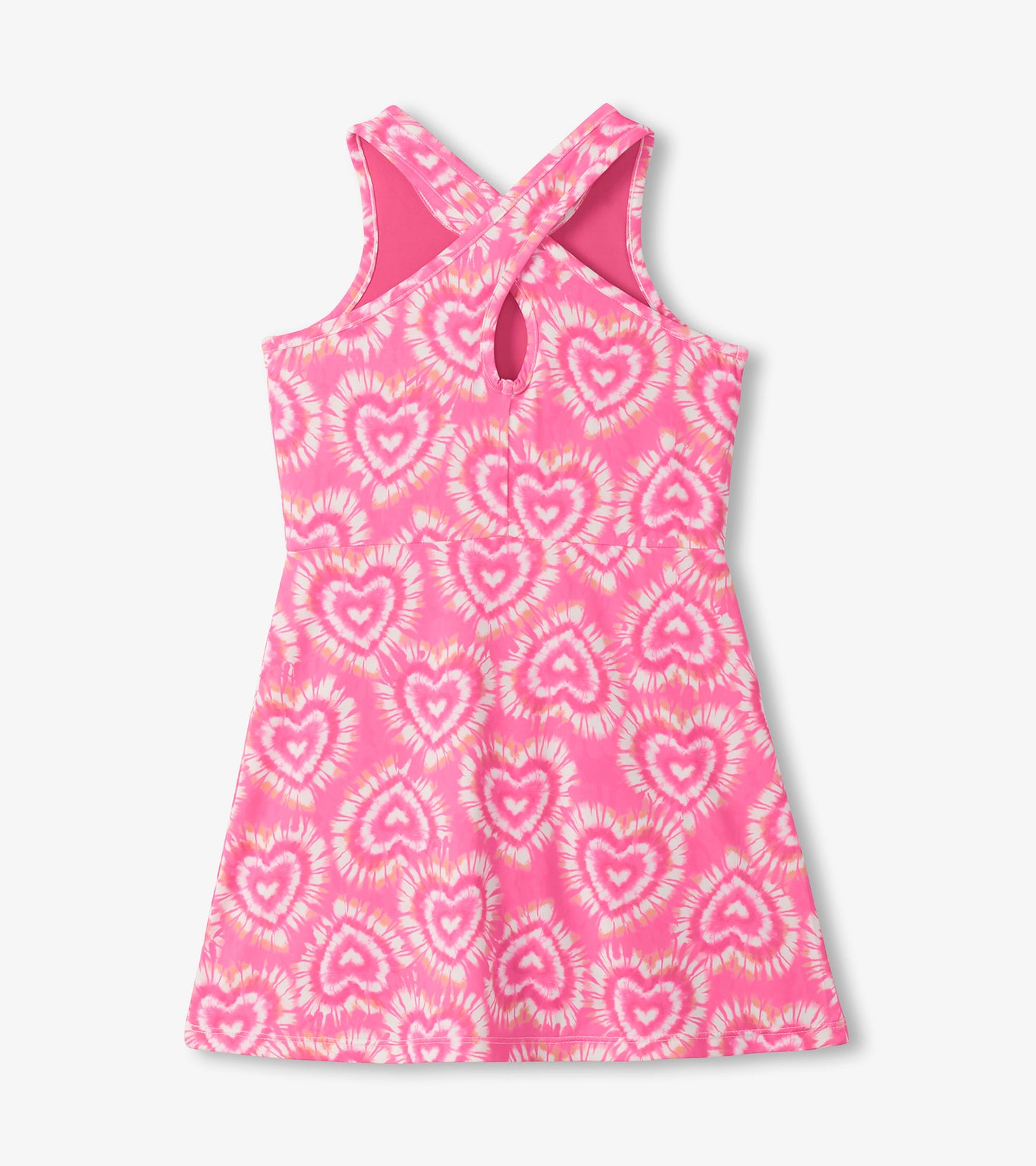 Pink tie-dye heart print girls active A-line dress with racerback and keyhole back detail