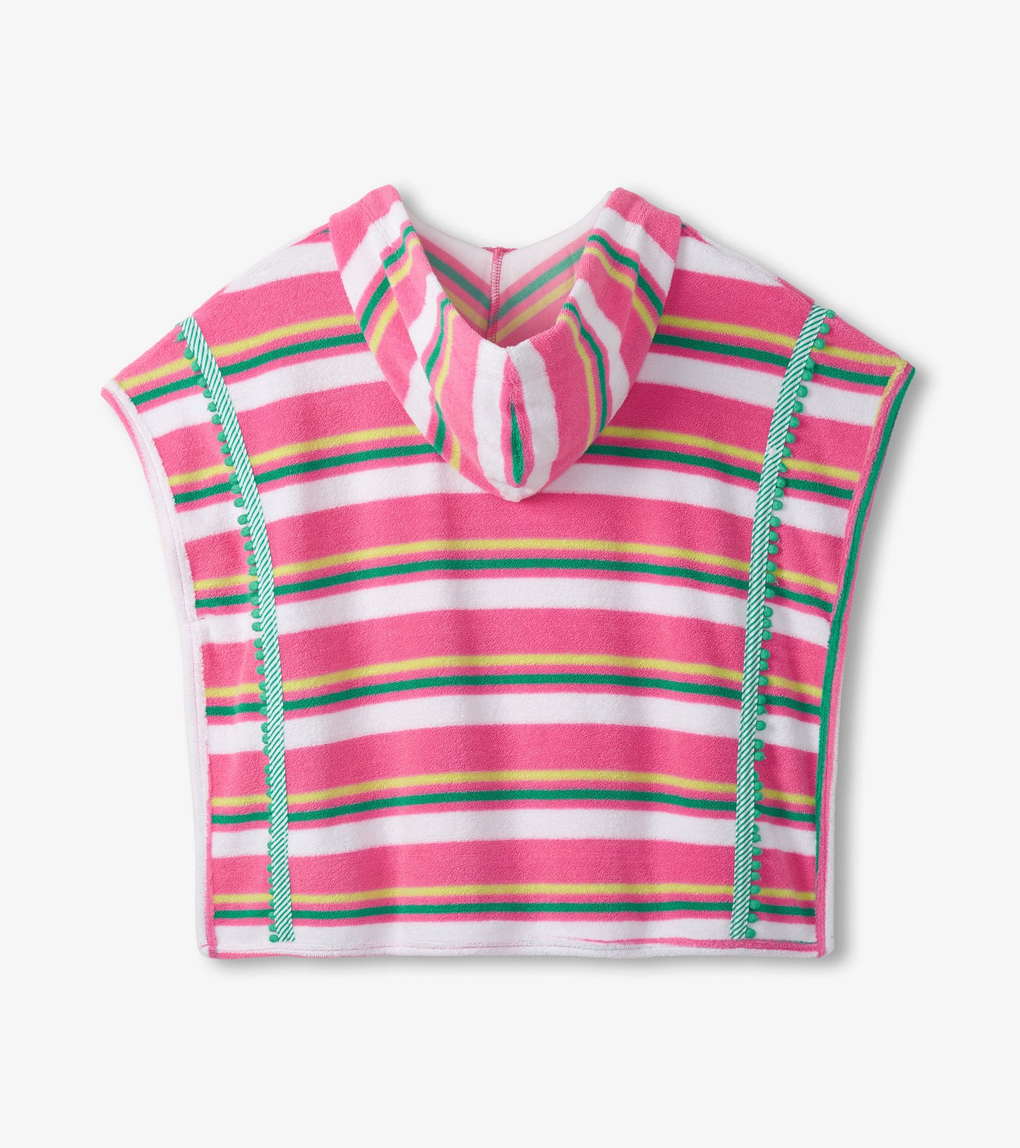 Pink striped hooded kids cover-up with white, green, and yellow bands, front view
