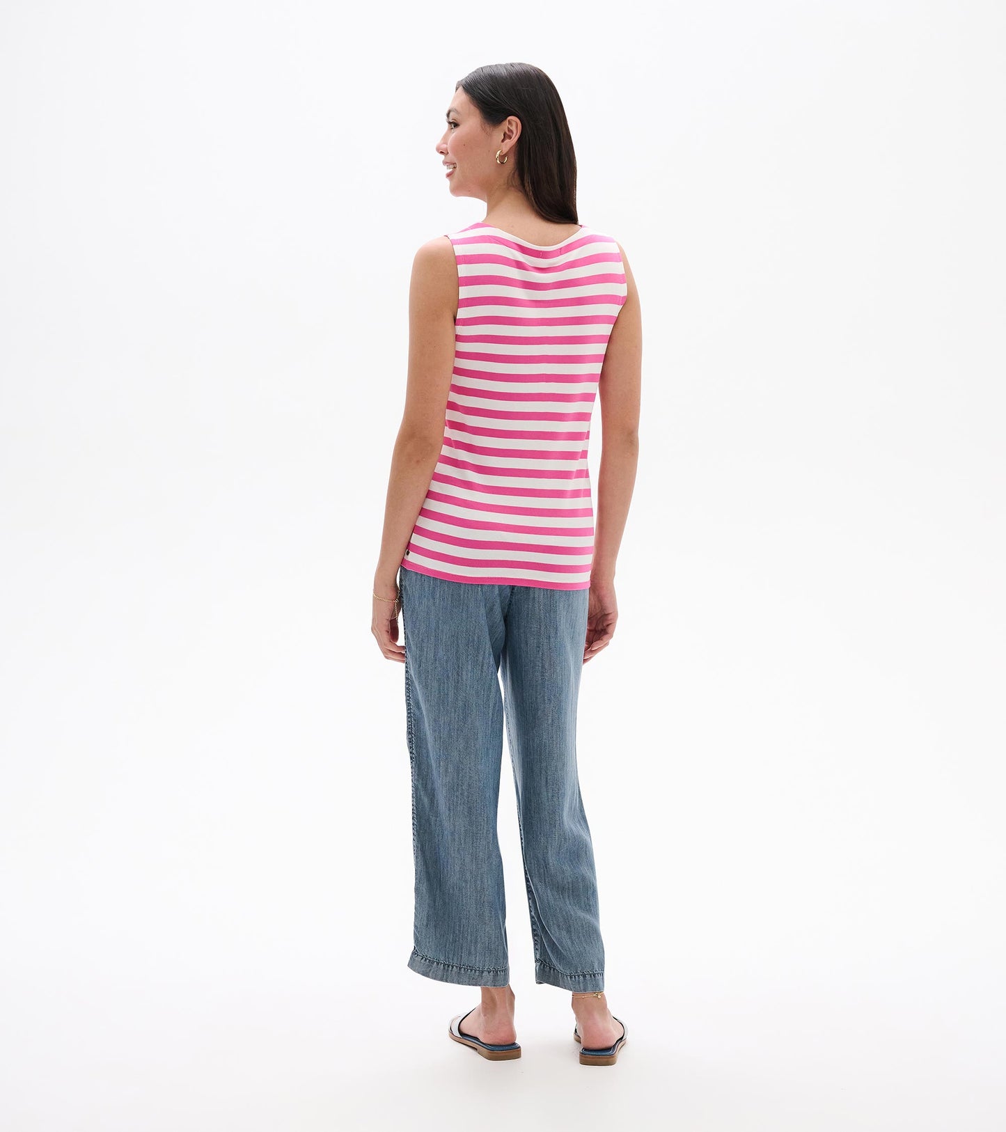 Back view of a sleeveless pink and white striped tank top with a scoop neckline and straight hem